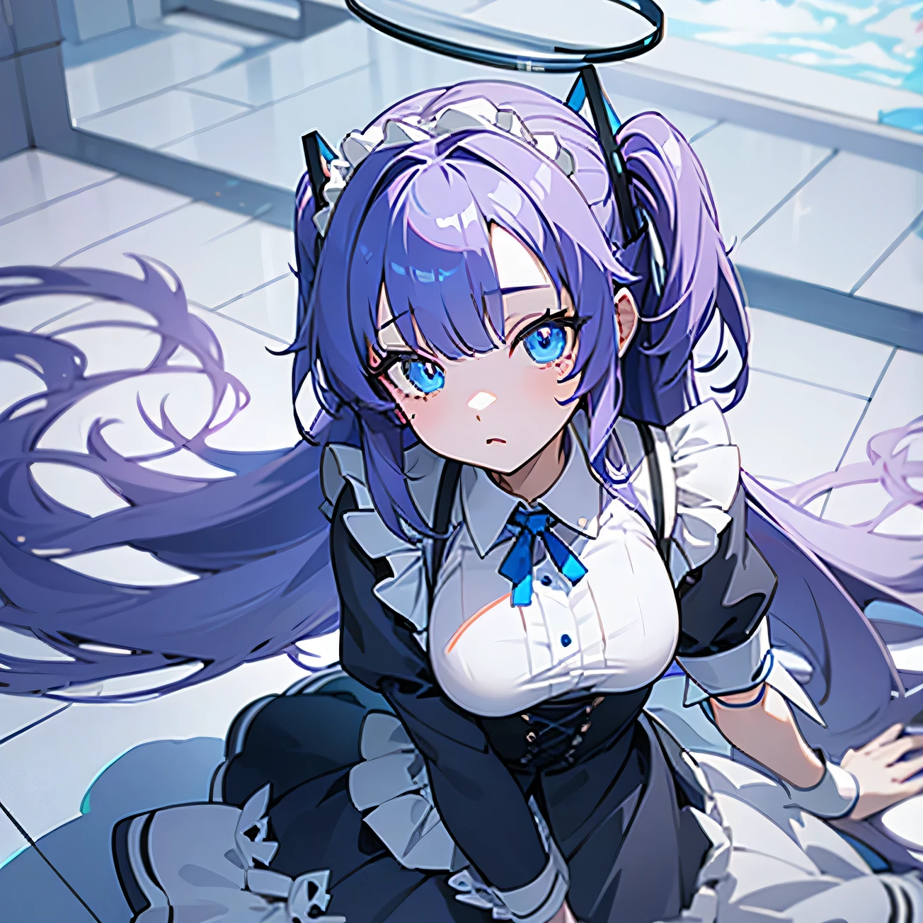 anime Low angle upper body looking up girl downturned eyes blue eyes maid outfit slippers