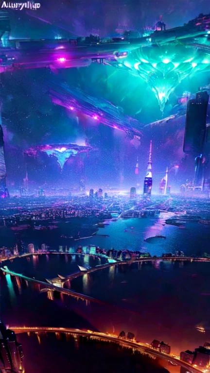 A beautiful futuristic city,(( in a night cyberpunk landscape)),futuristic skycrapers, luminous glyphs, 4k , uhd, insane details, cosmos