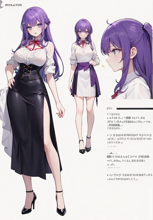 Purple hair,long hair,Adult female,Bartender,See-through,Open chest,Roll up your sleeves,((Rolling up your sleeves shirt)),(Corset),(Long skirt),(slit),High heels,((Simple background)),Smile,((Full body)),((whole body)),Character Sheet,