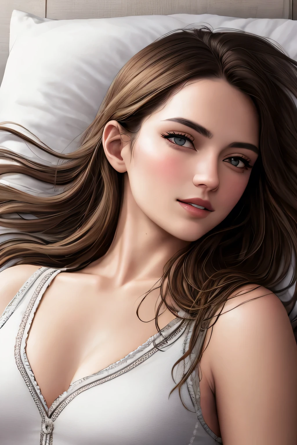 (best quality,4k,8k,highres,masterpiece:1.2),ultra-detailed,(realistic,photorealistic,photo-realistic:1.37),portraits,beautiful detailed eyes,beautiful detailed lips,extremely detailed eyes and face,long eyelashes,detailed olive green crop top and white cargo pants,sexy seductive gaze,soft parted lips,intense blushing with a smile,black luscious long straight hair,perfect body,medium chest with cleavage,resting on a bed with a pillow,viewer-facing perspective,harmonious lighting,colorful and vibrant tones.