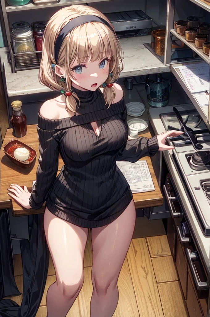 (from above:1.1),(from side:0.9),masterpiece, 1girl, Bust A Cup, Amazing Cleavage:1.1, thin waist, big ass, Raised sexy, small breast: 1.4 posed cleavage:1.2、solo, looking at viewer, open mouth, have a cute grass of cute beergrass,black hair, dark green eyes, dress, bare shoulders, jewelry, collarbone, sidelocks, hairband, earrings, indoors, off shoulder, :o, sweater, arms behind back, plant, short hair with long locks, gild hairband, off-shoulder dress, sweater dress, off-shoulder sweater, red sweater, dark gord hair, big side hair, very long side hair,is rendered in (masterpiece: 1.2, best quality), with (ultra high resolution) and an exquisite (depth of field). This masterpiece is not only visually stunning but also tells,A scene of cooking in the kitchen by classroom