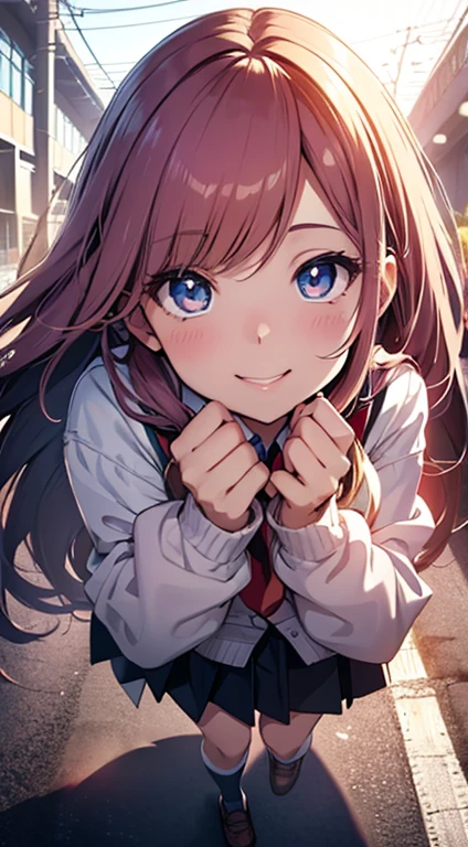 (best quality, realistic), (portrait), (vibrant colors), (soft lighting), pleated skirt, white shirt, knee-high socks, mary jane shoes, big anime eyes, rosy cheeks, long flowing hair, bright smile, confident pose, school campus background,