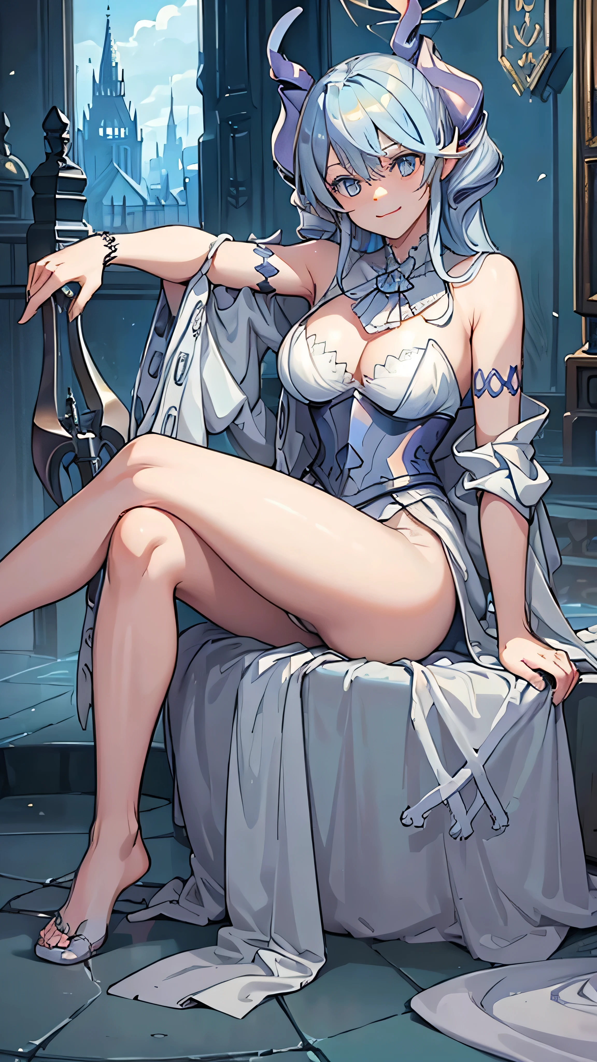((masterpiece,best quality)), 1girl, labrynth, , long hair, horn, no underwear, sitting, smile, legs crossed