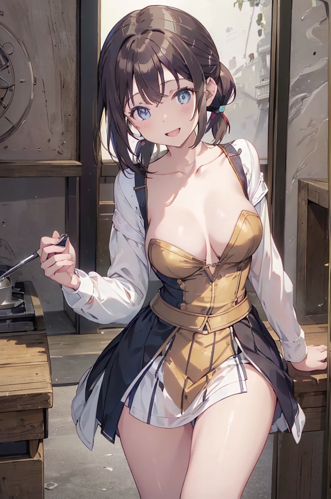 (highest quality:1.5),(8k,masterpiece, top quality, best quality,beautiful and aesthetic:1.2,professional illustrasion:1.1,ultra detail:1.3,perfect lighting),extremely detailed,highest detailed,incredibly absurdres , highres, ultra detailed,intricate:1.3,(Alchemy Workshop:1.4),A girl mixing,Medicine in many small bottles,colorful:1.4,zentangle,(1girl),(highly detailed beautiful face and eyes,firm breasts),real skin,((brown hair,short bob with short pony tail hair)),thin pubic hair:1.3,cute,lovely,s old,alchemist costume,smile,in the kitchen,smile,seductive weak smiling,(with sparkling eyes and a contagious smile),open mouth, Looking at Viewer,