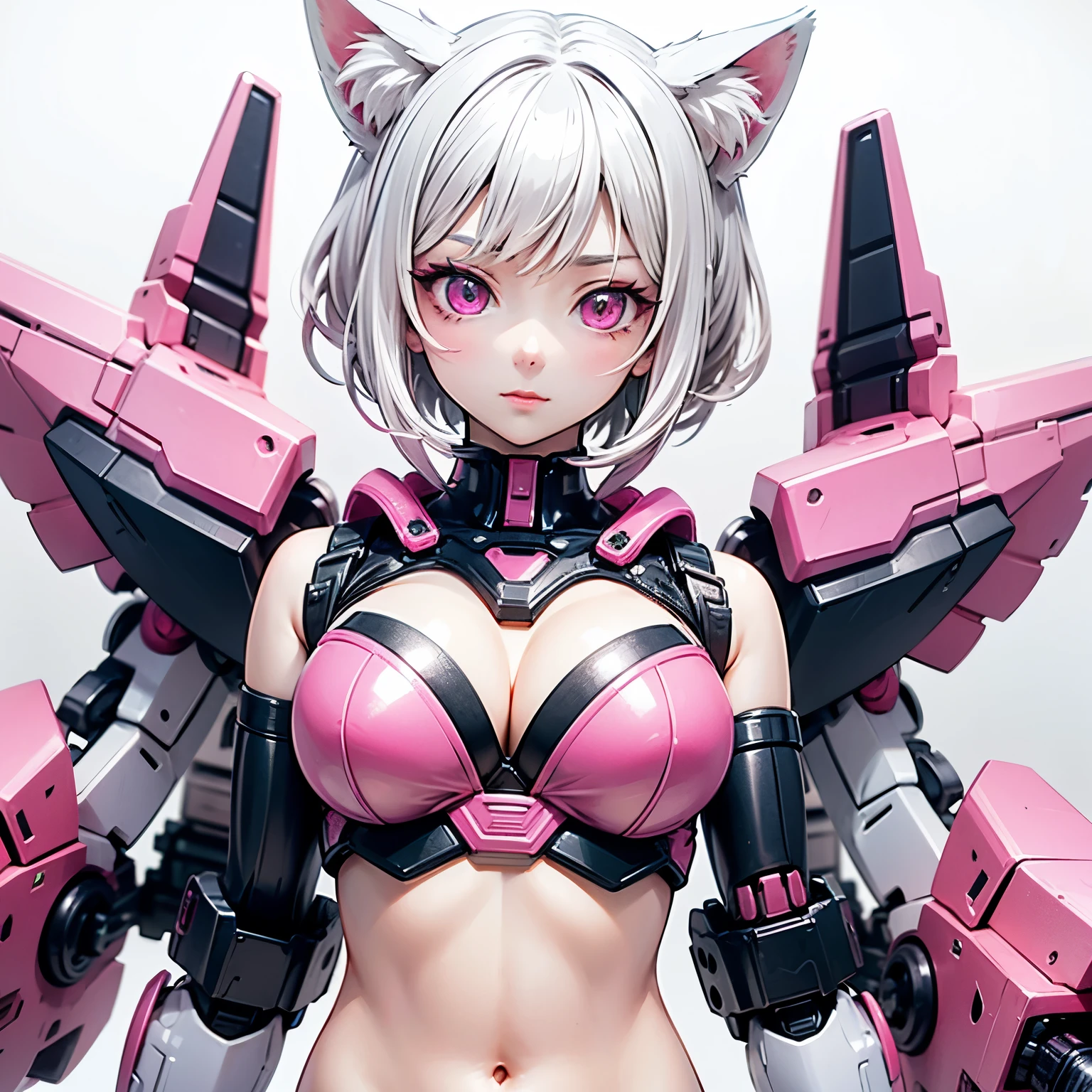 ((best quality)), ((masterpiece)), (detailed), perfect face. White hair. Short hair. Pink inner hair. Anime girl. Pink eyes. Nekomimi. Mecha. Belly. Cleavage.