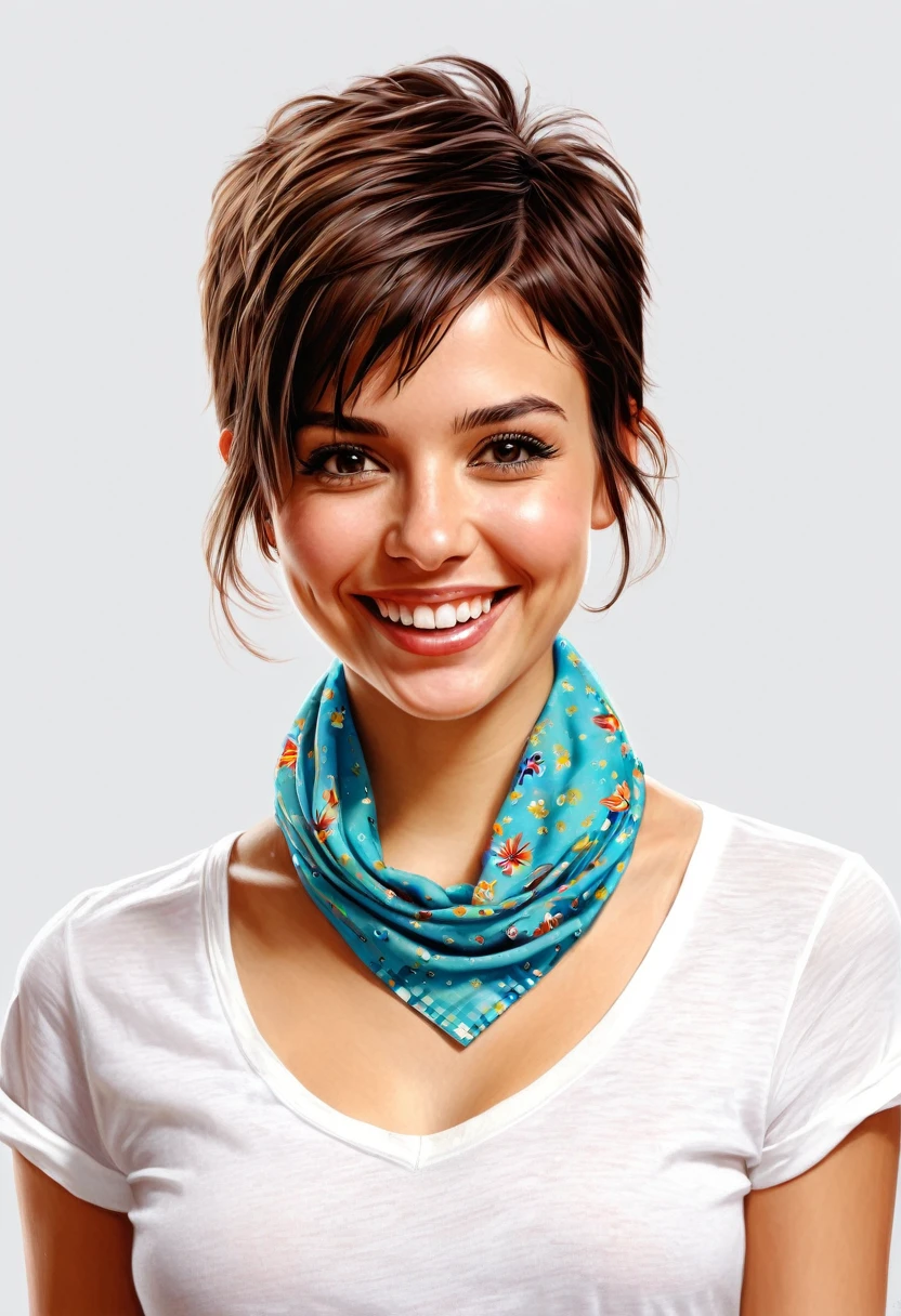 crea una mujer sonriendo de pelo corto pixie, with shirt and neckerchief masterpiece, estilo ilustracion de Ali Erturk, alto detalle, hiperrealista, luz natural,ilustracion , colores llamativos fondo de mariposas
