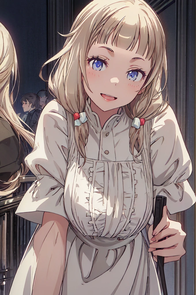 (Masterpiece: 1.2), Best Quality, (Illustration: 1.2), Eye Focus, (Ultra Detailed), Ultra Detail, (Fine Detail), (Intricate Detail), (Cinematic Light, Best Quality Backlight), Clear Lines, Solo Female, Solo Female, Perfect Figure, (1 Girl), High Contrast, (Best Lighting, Extremely Delicate and Beautiful), ((Cinematic Light)), Powerful, Absolutely Striking, Dynamic Angle, Gorgeous Background, cute Teeth, Open Mouth, mischievous smile, close-up, depth of field, close-up of a long-haired character. A cute tongue sticks out of the mouth, long hair, big breasts, short sleeves, dress, bare shoulders, braids, porcelain clothes
