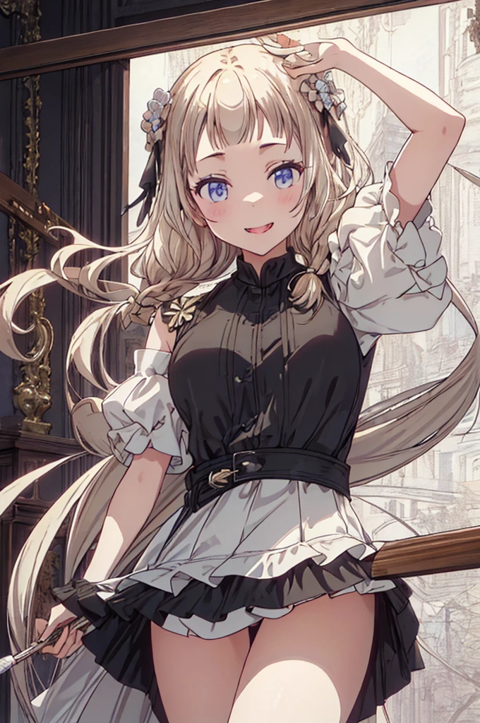(Masterpiece: 1.2), Best Quality, (Illustration: 1.2), Eye Focus, (Ultra Detailed), Ultra Detail, (Fine Detail), (Intricate Detail), (Cinematic Light, Best Quality Backlight), Clear Lines, Solo Female, Solo Female, Perfect Figure, (1 Girl), High Contrast, (Best Lighting, Extremely Delicate and Beautiful), ((Cinematic Light)), Powerful, Absolutely Striking, Dynamic Angle, Gorgeous Background, cute Teeth, Open Mouth, mischievous smile, close-up, depth of field, close-up of a long-haired character. A cute tongue sticks out of the mouth, long hair, big breasts, short sleeves, dress, bare shoulders, braids, porcelain clothes