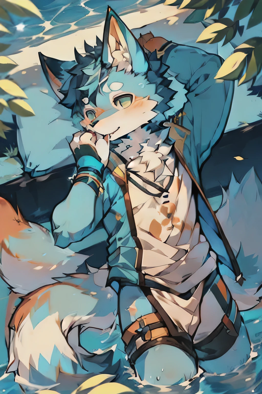 author:Kirito, Mammals,Blue fur, Furry, Canidae、fox motif、male, alone, Playing in the river, Licking candy,