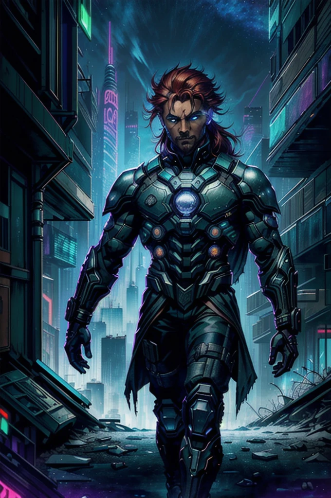 Cyberpunk cityscape, neon lights, dark alleys, skyscrapers, futuristic, vibrant colors, high contrast, highly detailed, (1man, old russian male:1.2), wise, purple eyes, dark red hair, side part,
portrait, solo, (full body:0.6), looking up, detailed background, detailed face, (green-powered, solarpunk theme:1.1), oracle of the armageddon, gazing into the abyss, wearing torn clothes, cosmic surrounded by evil aura, chaos, the end of life, floating particles, eternal winter and frost, ancient mythological prophecy fulfilled, galactic doom in background, maddening chants, apocalyptic atmosphere,