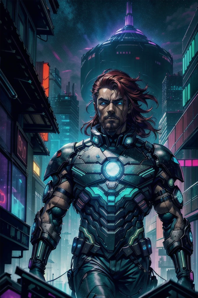 Cyberpunk cityscape, neon lights, dark alleys, skyscrapers, futuristic, vibrant colors, high contrast, highly detailed, (1man,  old russian male:1.2), wise,  purple eyes, dark red hair, side part,
 portrait, solo, (full body:0.6), looking up, detailed background, detailed face, (green-powered, solarpunk theme:1.1),  oracle of the armageddon, gazing into the abyss, wearing torn clothes, cosmic surrounded by evil aura, chaos,  the end of life, floating particles,  eternal winter and frost, ancient mythological prophecy fulfilled, galactic doom in background, maddening chants, apocalyptic atmosphere,