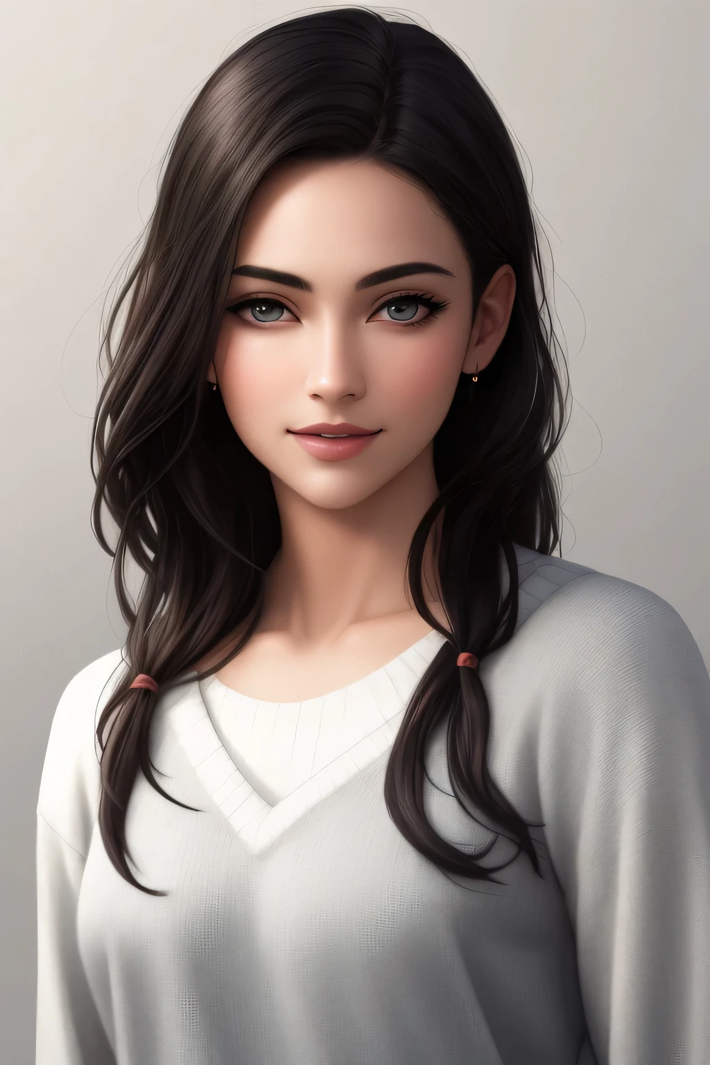 (best quality,highres,masterpiece:1.2),ultra-detailed,(realistic,photorealistic,photo-realistic:1.37),portraits,vivid colors,beautiful detailed eyes,beautiful detailed lips,elegant pose,dark green sweater,cream cargo pants,long black hair,cute ponytail,soft lips,blushing intensely,smiling, seductive gaze,medium chest,perfect body,shadows and highlights,vibrant lighting