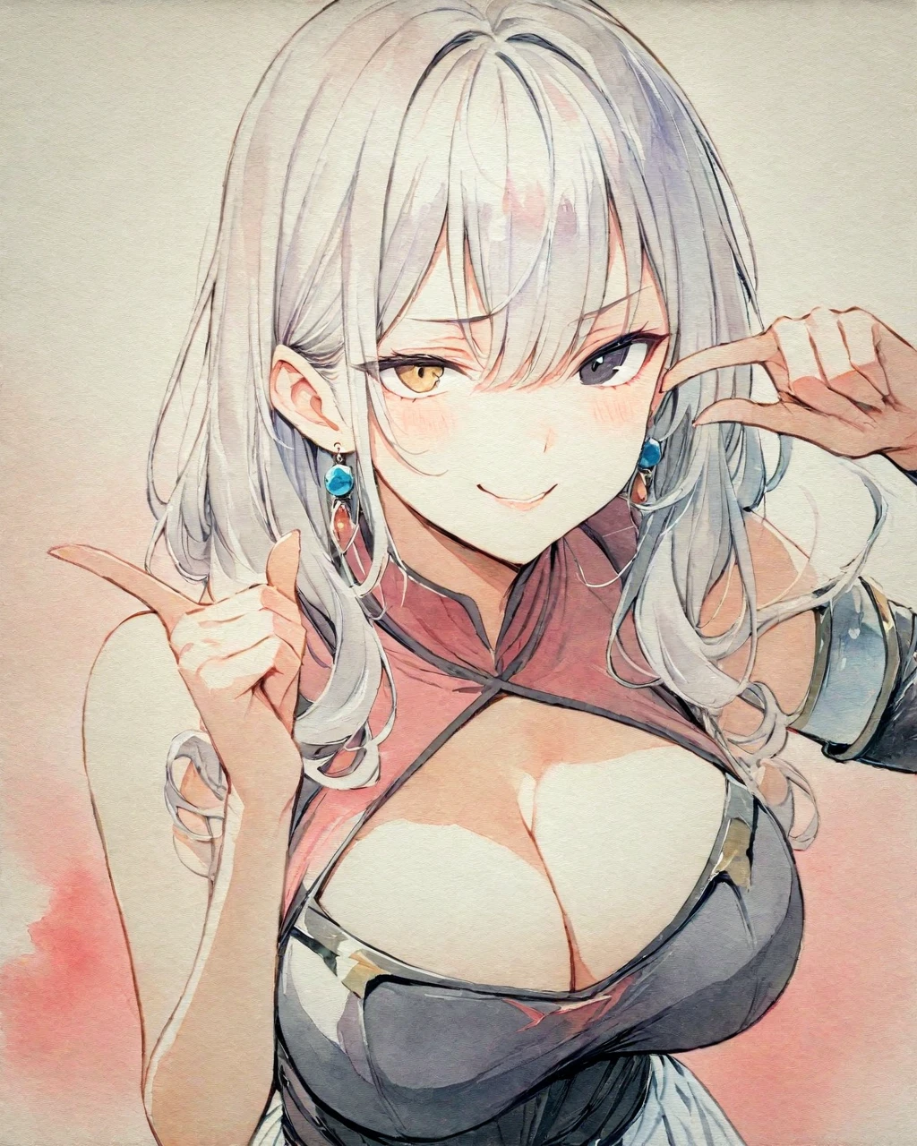 masterpiece, Best quality, watercolor (medium), 1girl, breast, solo, curls, Cleavage, gray and white hair, Black eyes, Heterochromia, earrings, Bangs, jewelry, skirt, Bare shoulders, sleeveless, Hair between the eyes, 单Scapula, looking at the audience, Photo poses, Right index finger poking the cheek, Five fingers, large breast, armor, shoulder armor, sleeveless skirt, Upper Body, Single sleeve, white skirt, Scapula, Devil smile