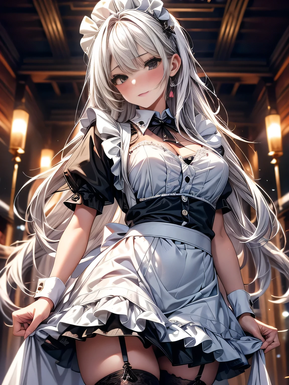 best quality, masterpiece, Ultra-high resolution, Reality, 1 Girl, White hair, Black eyes, sexy maid outfit, egoist, flipping hair, embarrassed, 30 years old, black eyes, black eyes 