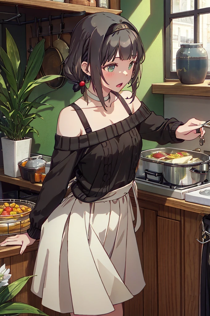 (from above:1.0),(from side:0.9),masterpiece, 1girl, Amazing Cleavage:1.1, thin waist, big ass, Raised sexy, small breast: 1.3, posed cleavage:1.2、solo, looking at viewer, open mouth, have a cute grass of cute beergrass,black hair, dark green eyes, dress, bare shoulders, jewelry, collarbone, sidelocks, hairband, earrings, indoors, off shoulder, :o, sweater, arms behind back, plant, short hair with long locks, gild hairband, off-shoulder dress, sweater dress, off-shoulder sweater, red sweater, dark gord hair, big side hair, very long side hair,is rendered in (masterpiece: 1.2, best quality), with (ultra high resolution) and an exquisite (depth of field). This masterpiece is not only visually stunning but also tells,A scene of cooking in the kitchen by classroom