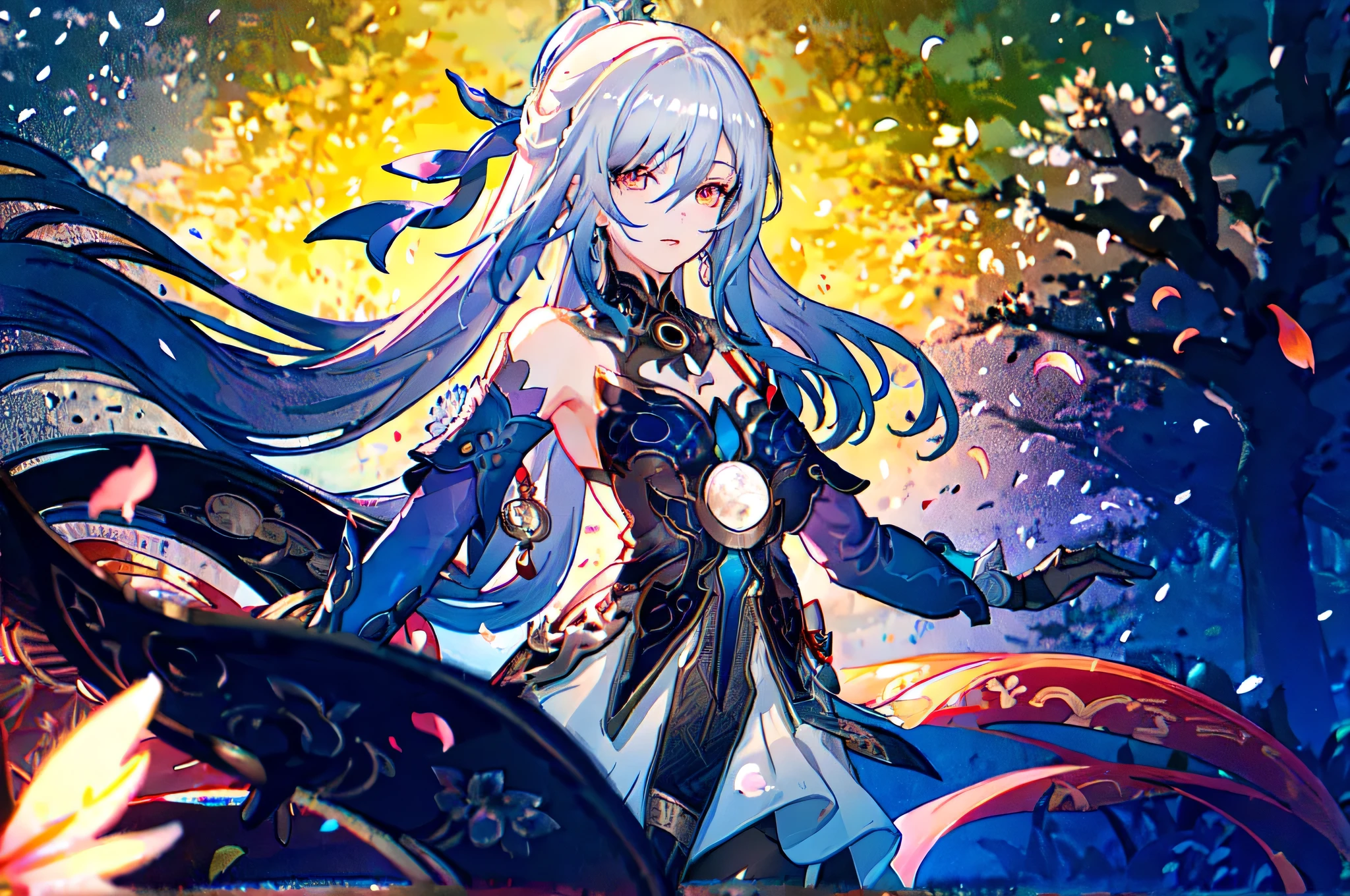 1girl, jingliu \(honkai: star rail\), black gloves, blue dress, detached sleeves, hair ribbon, white skirt, pelvic curtain, halterneck, looking at viewer, parted lips, adjusting hair, petals, floating hair, cowboy shot, depth of field, garden, east asian architecture, Pantyhose