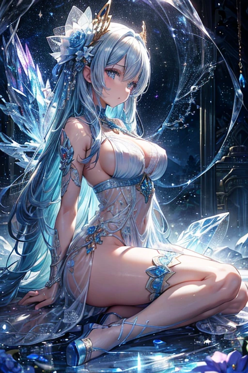 ((Realistic lighting,Top Quality,8k,masterpiece:1.3)),Clear focus:1.2,1 Giant breasts,Perfect beauty:1.4,Slim Abs:1.1,((Long dark white hair,big:1.2)),(Torn Dress:1.3,White transparent full leg stockings:1.2,Mesh transparent white panty interior,at night:1.1),Delicate face,double eyelid,Arrived,(Full body lying on bed: 1.2),To the camera,Raise your legs,Legs open,high quality,masterpiece,超A high resolution,(Realistic:1.4),RAW Photos,One girl,dark,Dark shading,Cold Light,Spread your legs,Arrived,White transparent panties、One Girl, alone, (((trapped in big crystal)))(trapped in crystal:1.7),((add eye details)), ((Add facial details)), crystal, star, Shine, beautiful night sky on background, moon, stars on background,diamond、たくさんのcrystalが付いた透けたドレス, fantasy sheer dress, A magical dress with a transparent chest, crystal製シースルードレス, Shine花の透明なドレスを着た女性, intricate fantasy sheer dress, transparent rainbow color, translucent intricate gown, Detailed translucent costume design, Translucent dress, A surprisingly young and mysterious person, Bejeweled Opal Statue, fantasy transparent costume, Made with dried flowers、Glasswork、glass slipper with gold and white flowers, 気まぐれIntricate details, intricate and elegant, beautiful detailed elegant, fairy tale style, ultra Intricate details, elegant. Very detailed, Complex and beautiful, golden Intricate details, Cinderella, side view Intricate details, Complex gold elements, Intricate details, intricate and detailed, 非常にIntricate details、So magical and dreamy, Blue and white tones, Relaxing environment, Fantastic and dreamy theme, Dreamy aesthetics, Quiet and peaceful atmosphere、attractive, thin,Nipples are visible、Large-size Exy S100, seductive lingerie camisole、a close up of a woman's underwear with a good and panties, bright blue shiny slutty transparent lingerie, lingerie, lingeries beauty, thin underwear, laced lingerie, lingerie!!, good, wearing sexy lingerie, goodlette, captivating and mesmerizing, Harness and Garters, lingeries, Very sexy