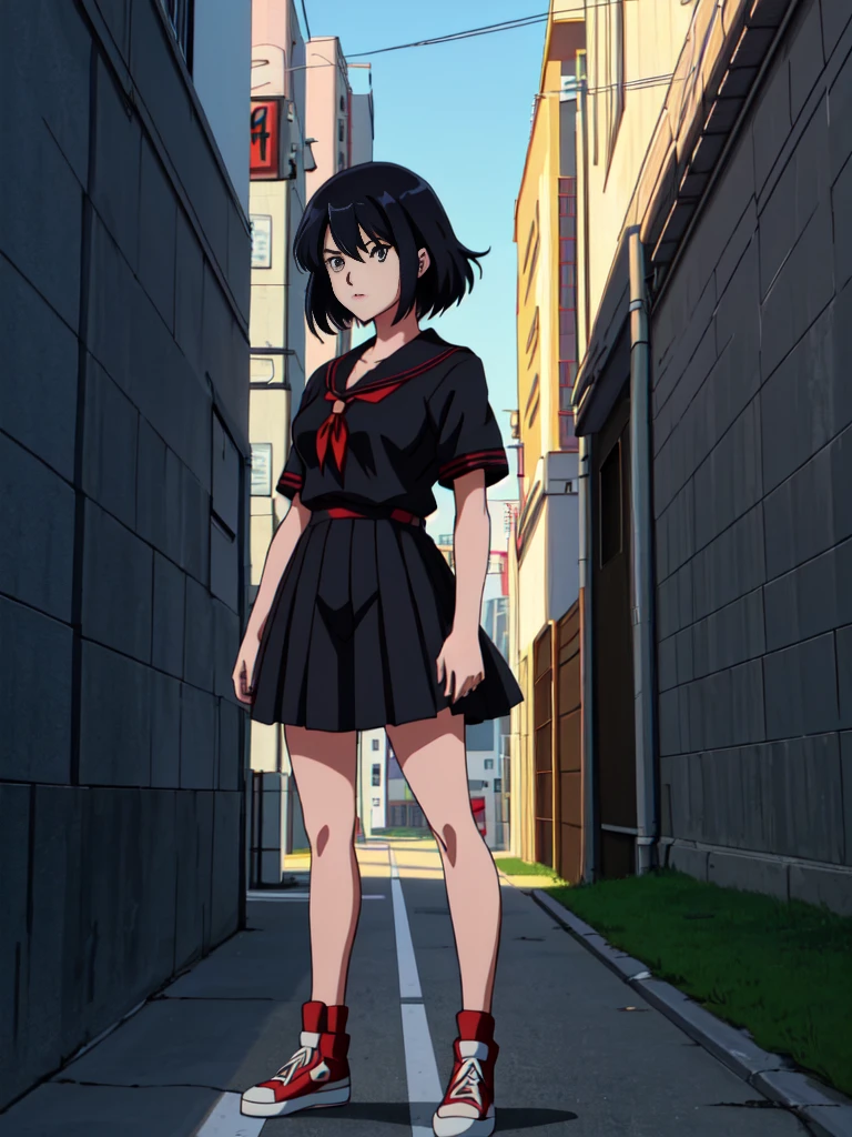 (perfect composition), (high resolution, masterpiece, ultra best quality, ultra HD, 4k,HD, high detailed ),anime character Sukeban delinquent girl standing on a city street corner in black seifuku with black very long skirt, anime style. 8k, anime style mixed with fujifilm, retro anime girl, anime styled digital art, in tokyo, anime style illustration, anime style 4 k, anime style artwork, anime poster film still portrait, tokyo anime scene, modern anime style, anime style digital art, short hair, 26year old, red converse,