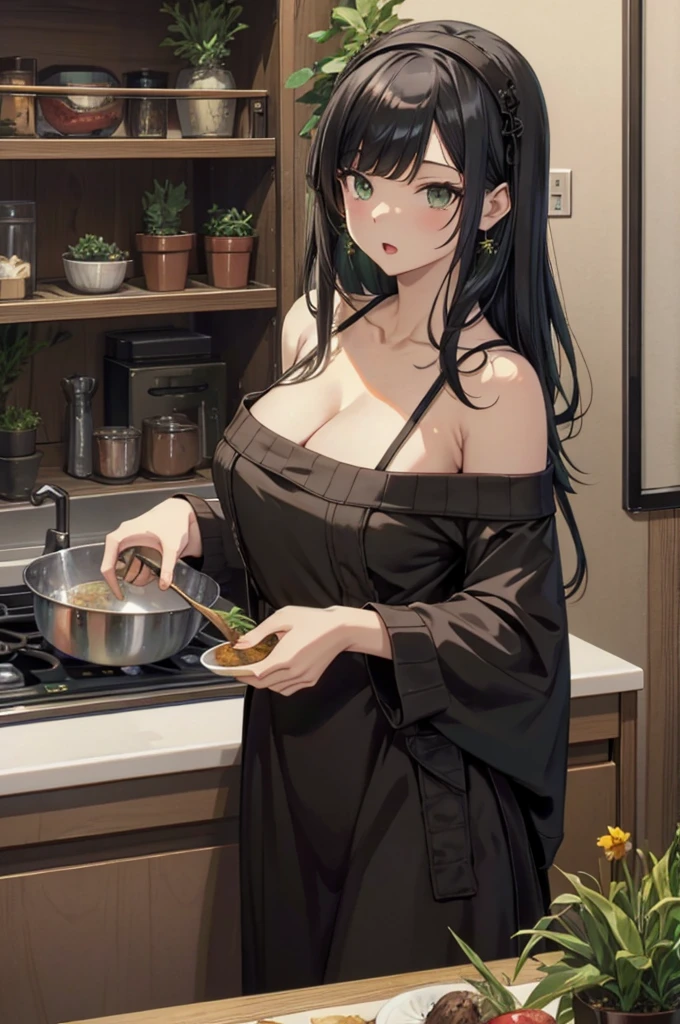 (from above:1.0),(from side:0.9),masterpiece, 1girl, Amazing Cleavage:1.1, thin waist, big ass, Raised sexy, small breast: 1.3, posed cleavage:1.2、solo, looking at viewer, open mouth, have a cute grass of cute beergrass,black hair, dark green eyes, dress, bare shoulders, jewelry, collarbone, sidelocks, hairband, earrings, indoors, off shoulder, :o, sweater, arms behind back, plant, short hair with long locks, gild hairband, off-shoulder dress, sweater dress, off-shoulder sweater, red sweater, dark gord hair, big side hair, very long side hair,is rendered in (masterpiece: 1.2, best quality), with (ultra high resolution) and an exquisite (depth of field). This masterpiece is not only visually stunning but also tells,A scene of cooking in the kitchen by classroom