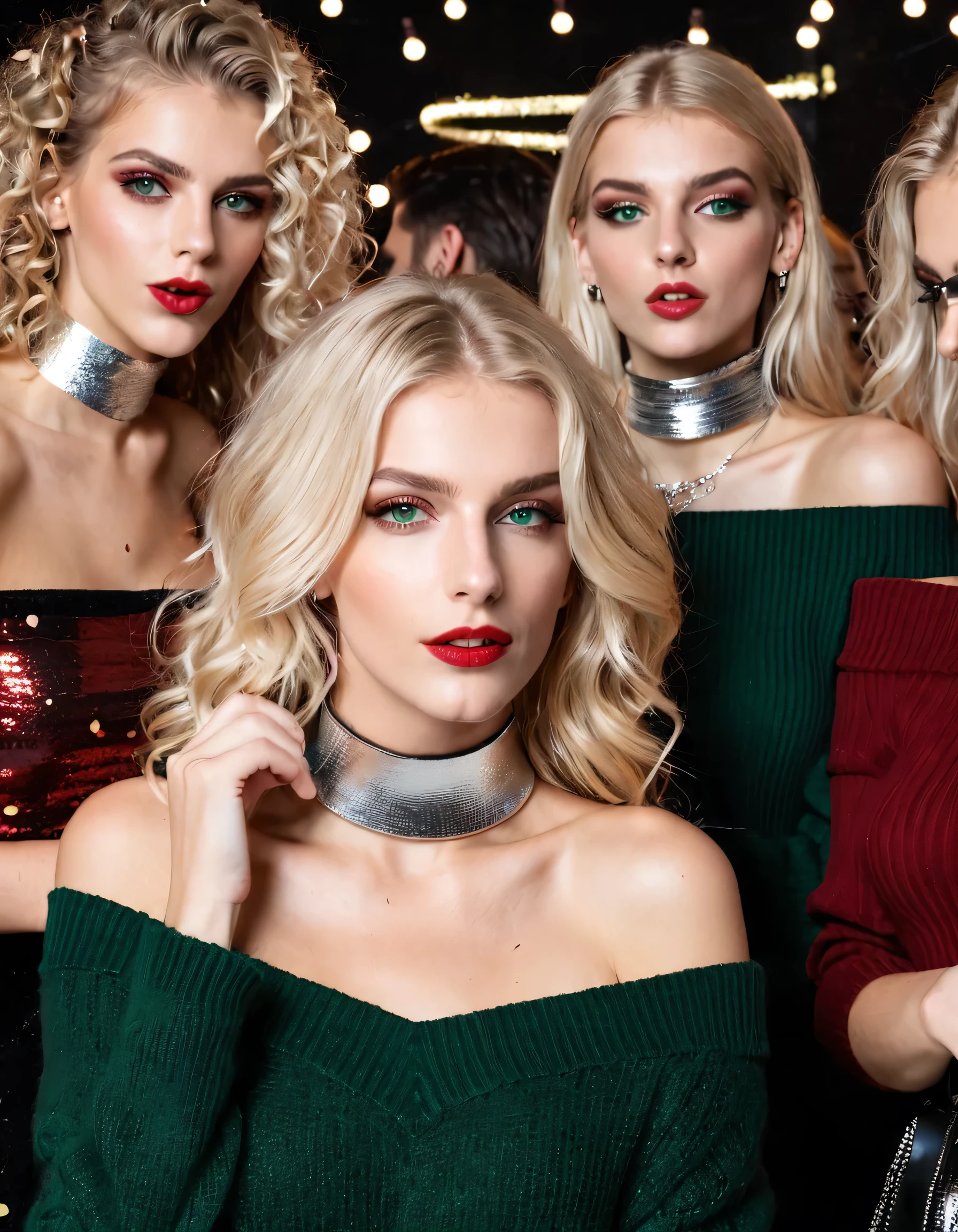 hand near mouth, 3 girls, group, long blonde hair, perm hair, dark green eyes, mesmerizing beautiful European girls , off shoulder sweater, silver choker, striped red , night club, noisy crowd, confetti, 