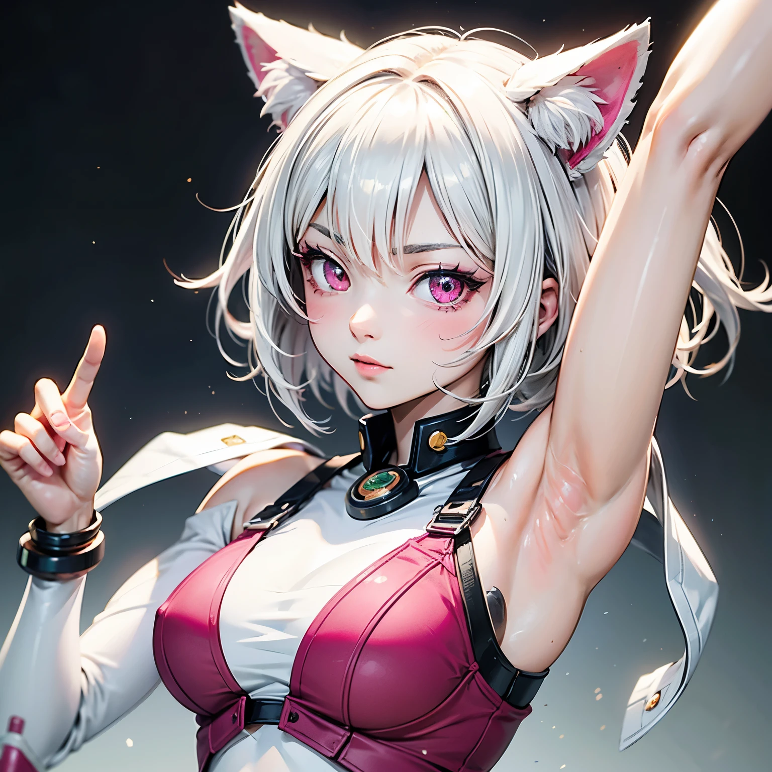 ((best quality)), ((masterpiece)), (detailed), perfect face. White hair. Short hair. Anime girl. Pink eyes. Nekomimi. Mecha. Armpit.