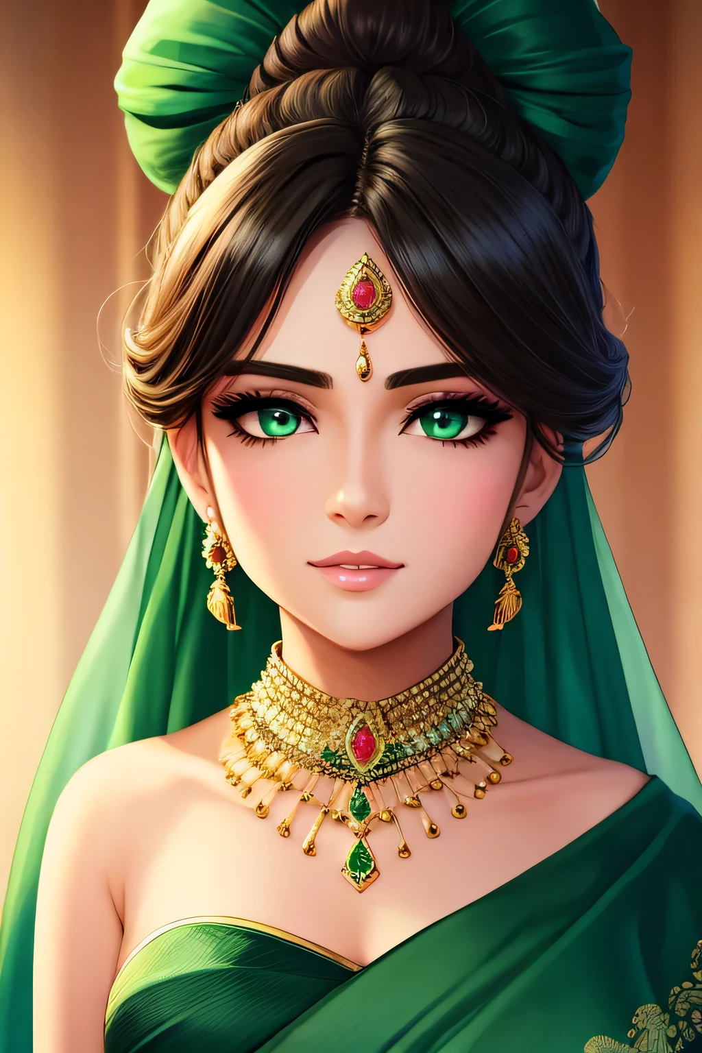 (best quality,ultra-detailed),portrait,sexy woman,beautiful face,detailed eyes and eyebrows,long eyelashes,emerald jewellery,grey eyes,fair skin,intense blushing,glossy lips parted,dark green blouse,dark green saree,gold patterns,emphasizing face,bun hairstyle