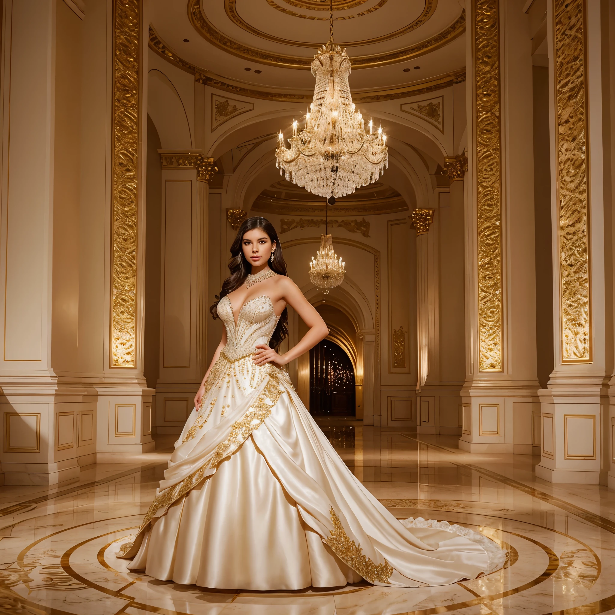 generated a full body of a 21 years old young white woman with dark brown hair, Envision a luxurious runway set in a grand ballroom with crystal chandeliers, marble floors, and opulent drapery. A model showcases an elaborate ball gown with intricate beading and voluminous skirts, exuding regal elegance against the lavish backdrop.