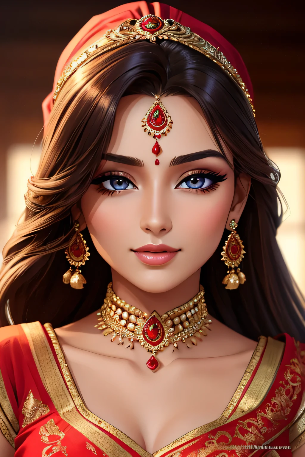 (best quality, 4k, 8k, highres, masterpiece:1.2), ultra-detailed, realistic:1.37, professional, stunning red saree, beautiful face and eyes, luscious long hair, graceful pose, vibrant colors, portrait, Indian beauty, detailed fabric folds, alluring expression, soft and natural lighting, rich textures, intricate jewelry, mesmerizing gaze, captivating smile, flawless skin, elegant makeup, confident and empowering, traditional yet modern, exuding charm and glamour.