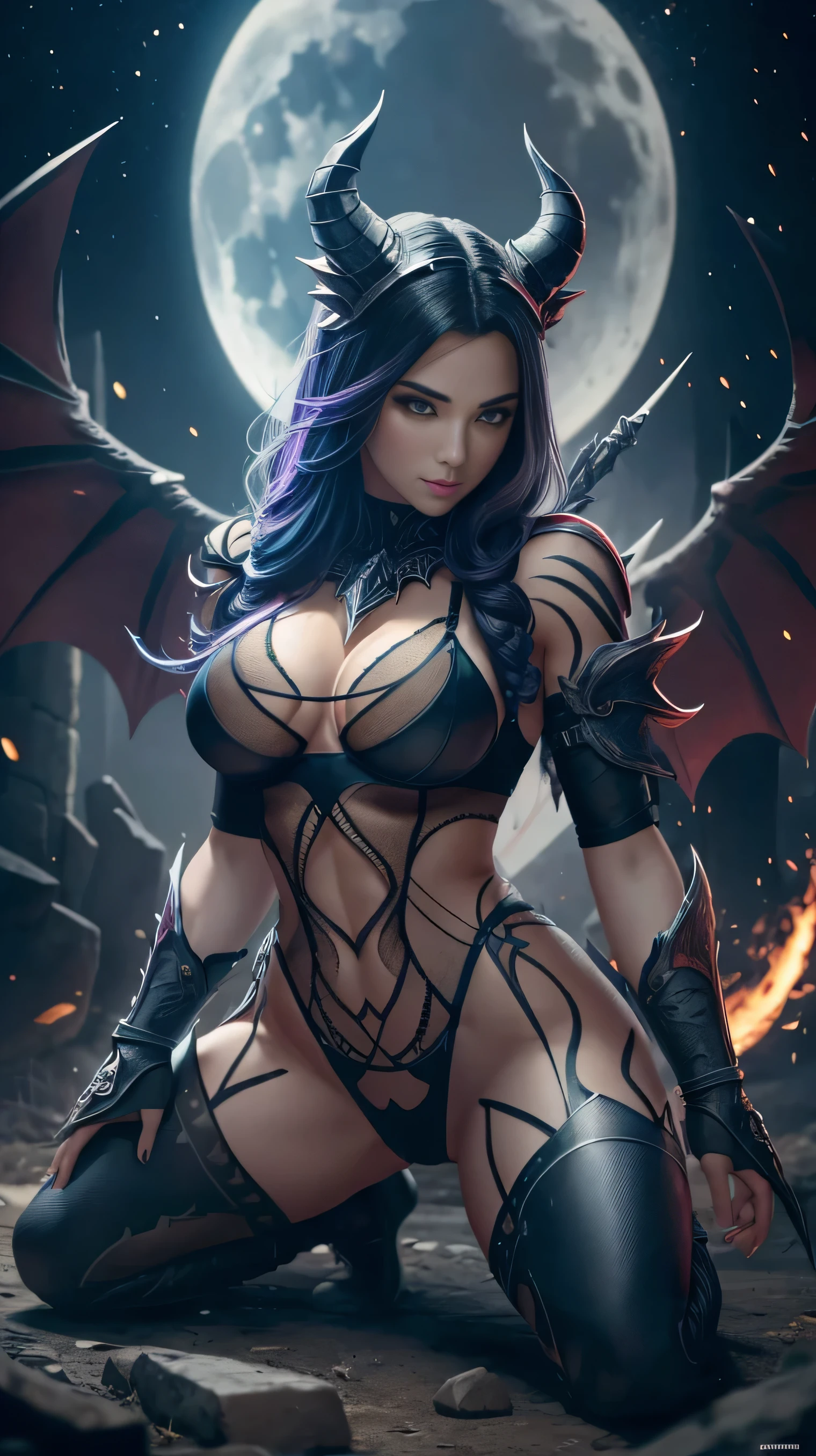 Full body portrait, sexy girl, solo, gargoyle warrior, comprised of Antikythera mechanisms, claws, busty, kneeling, evil eyes, sexy, (see-through panties:1.3), claws, fangs, wings, busty,  massive tail, demonic armor, Tattooed, glowing eyes, combat stance, vibrant appearance, creative behavior, imaginative, sensual, spontaneous, highest quality, skin texture, intricate details, (cinematic lighting), RAW photo, 8k, under moonlight, nightmarish, full moon, firestorm, debris, ultra-detailed, uhd, 8k, masterpiece, sharp focus 