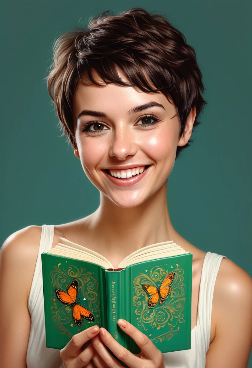 crea una mujer sonriendo de pelo corto pixie, con un libro , estilo ilustracion de Ali Erturk, alto detalle, hiperrealista, luz natural,ilustracion , colores llamativos fondo de mariposas