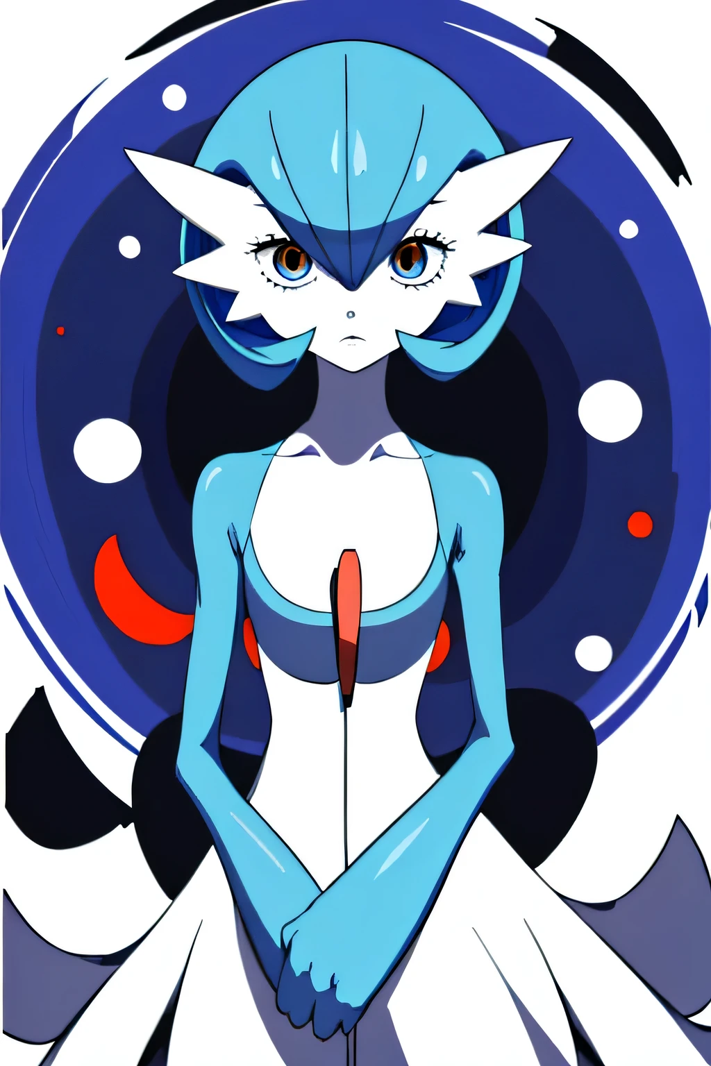 1girl, solo, gardevoir, creatures \(company\), game freak, nintendo, pokemon, pokemon \(game\), bangs, colored skin, female focus, pokemon gen 3, blue hair, blue skin, hair over one eye, multi-colored skin, pokemon \(creature\), orange eyes, short hair, two-color skin, white skin, at home, empty eyes, dull eyes, blank eyes, blank expression, hypnotized, stunned, blank, captivated, standing