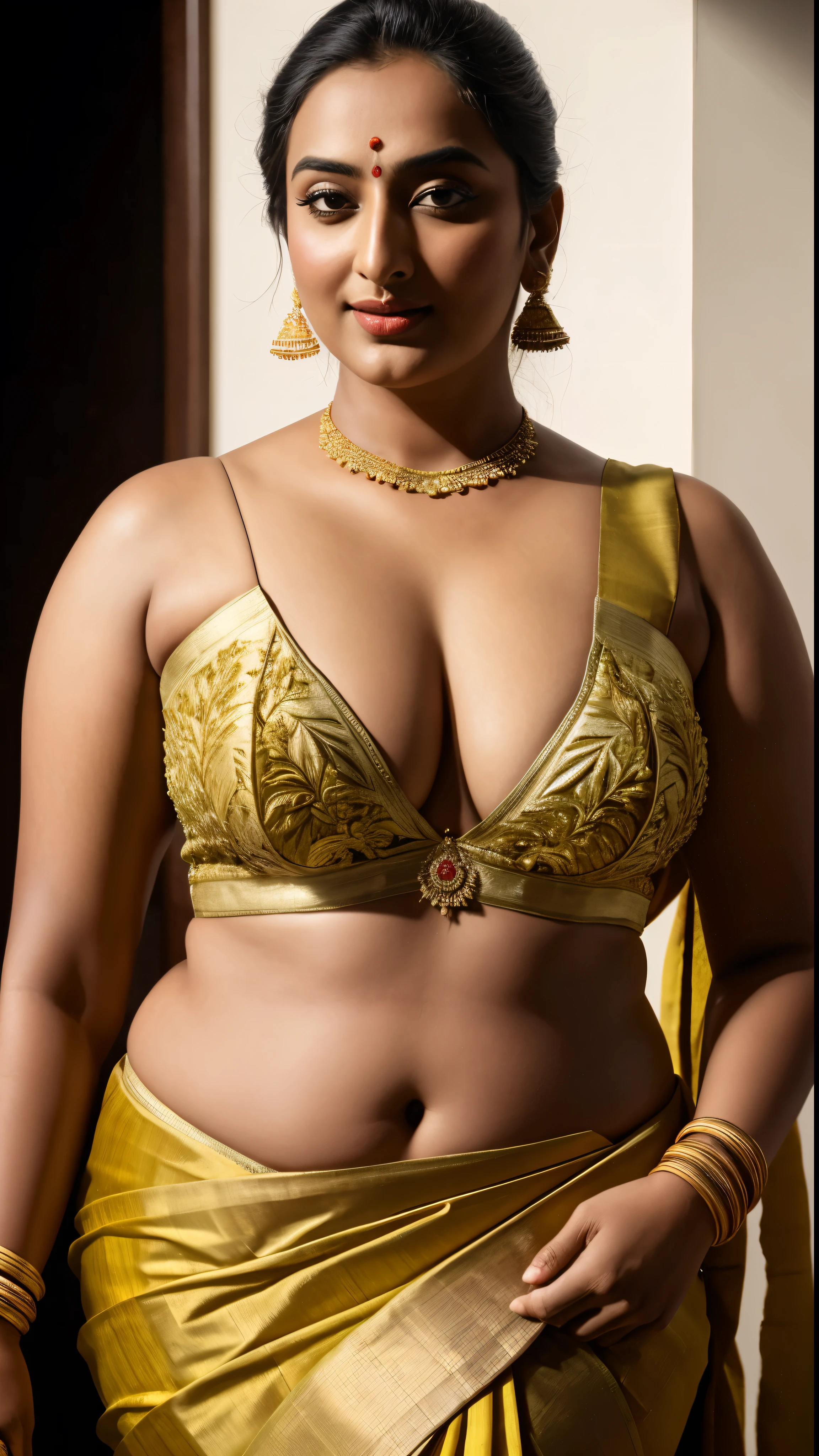 Foto RAW, photorealistic, photography, full body shot, master shot, perfect eyes, goddess like beauty, pierced eyes, perfect thick chubby mallu Desi aunty bhabhi, Wearing a Stanapatta, a chest-band.Saree model, model Photography, Indian saree shoot, Indian traditional wear advertising photography, traditional wear brand shoot, face of Indian actress Sonakshi Sinha, masterpiece, realistic, realism, incredible details,  pleasure, photorealism, detailed skin, skin pores, high contrast, photorealistic Artstation 8k HD digital art trend of high definition and detailed realistic skin texture, ultra detail, realistic skin texture, armature, best quality, ultra high definition, (photorealistic:1.4),, high resolution, detail, raw photo, sweat, Re sharp, by Lee Jefferies Nikon D850 Film Stock Photo 4 Kodak Portra 400 Camera F1.6 Lens Rich Color Ultra Real Realistic Realistic Textures Dramatic Lighting Unreal Engine Trending at Art Station Cinestill 800,(pele altamente detalhada: 1.2), 8k UHD, DSLR, soft-lighting, alta qualidade, grain of film, Fujifilm XT3,she didn't like to wear blouse or bra, she is happy to wear only saree, she hates blouse or bra, detailed hairy armpits, hyper realistic skin, skin pores, sweat, veins, 