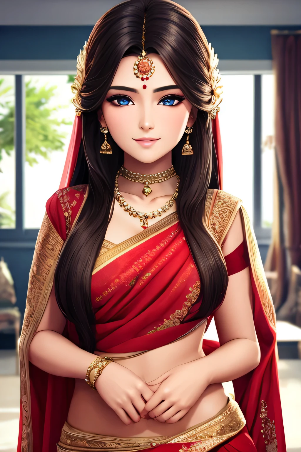 (best quality, 4k, 8k, highres, masterpiece:1.2), ultra-detailed, realistic:1.37, professional, stunning red saree, beautiful face and eyes, luscious long hair, graceful pose, vibrant colors, portrait, Indian beauty, detailed fabric folds, alluring expression, soft and natural lighting, rich textures, intricate jewelry, mesmerizing gaze, captivating smile, flawless skin, elegant makeup, confident and empowering, traditional yet modern, exuding charm and glamour.