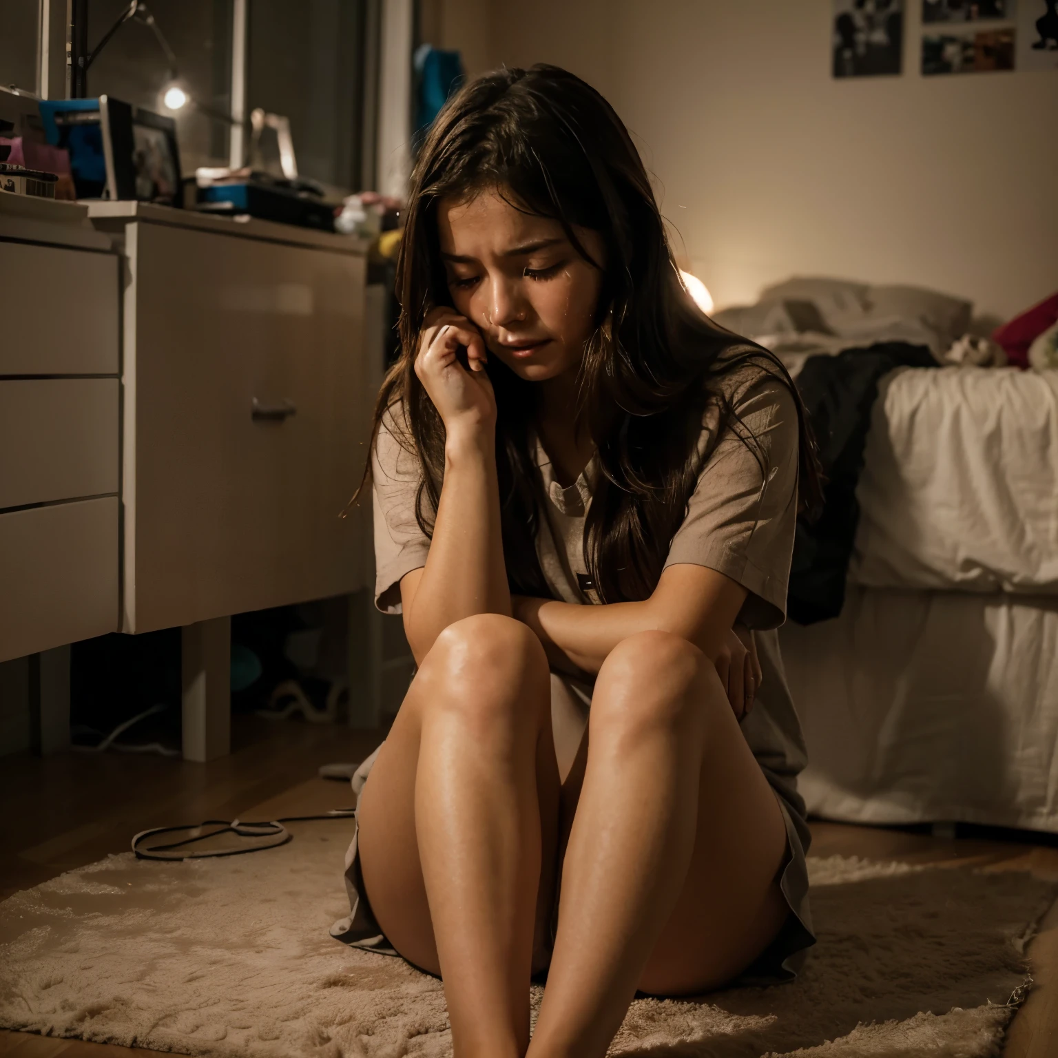 A girl crying in her room sitting on the floor at night without light