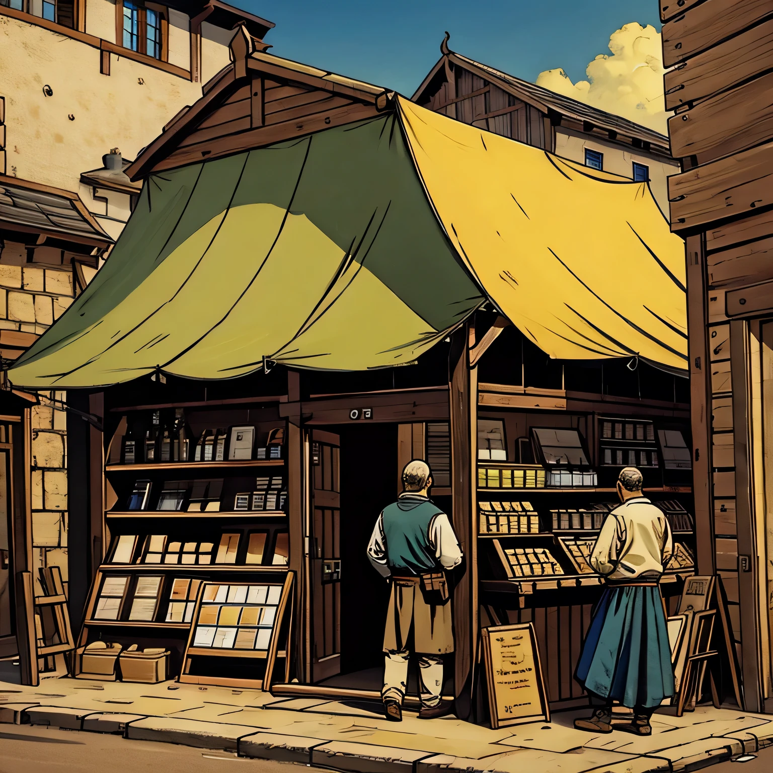 MEDIEVAL SHOPS, TENTS AND SHOPS, PEOPLE SELLING PRODUCTS
