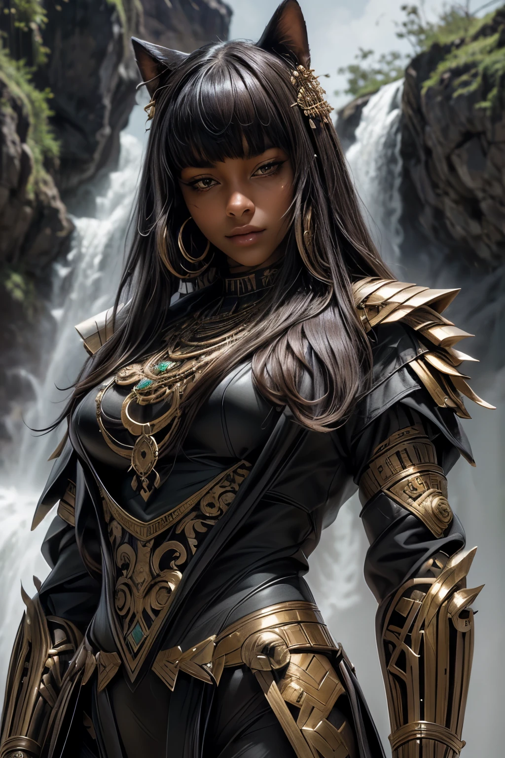 A mesmerizing full-body hyper-realistic anime-style female Amazon warrior emerges, radiantly adorned in ornate armor exquisitely detailed with intricate and majestic designs that harmoniously portray both raw strength and ethereal beauty. The verdant hues of green and warm undertones of light brown embellish the warrior's armor, showcasing a harmonious union of nature and might. Her locks cascade in soft, undulating waves, a ravishing waterfall of raven-black hair framing her round, dark melanin countenance. The warrior stands with an unwavering and regal poise, her posture evoking an a