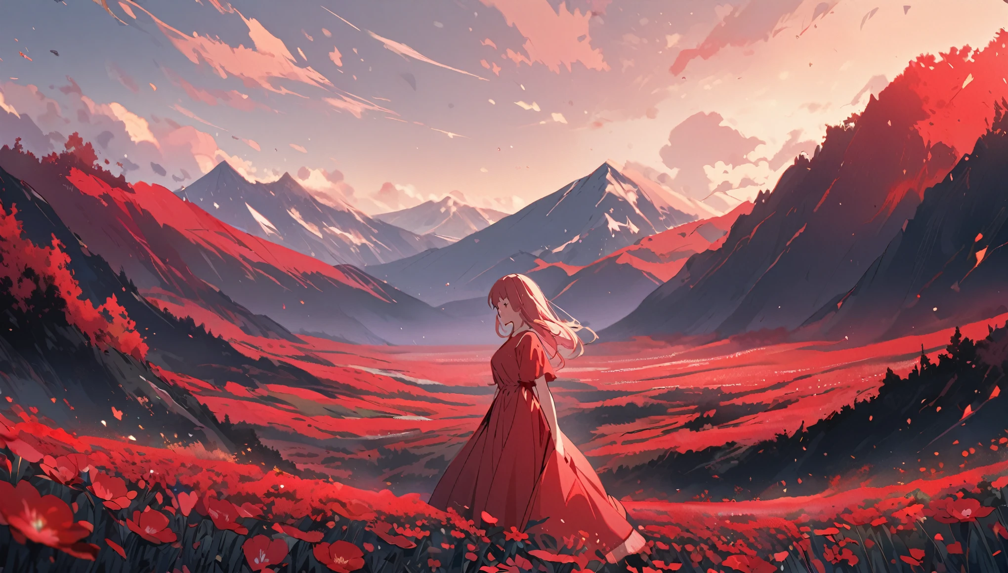 A girl wearing a pastel red dress, standing in a field full of beautiful red flowers, looking at a vast mountain from a distance.