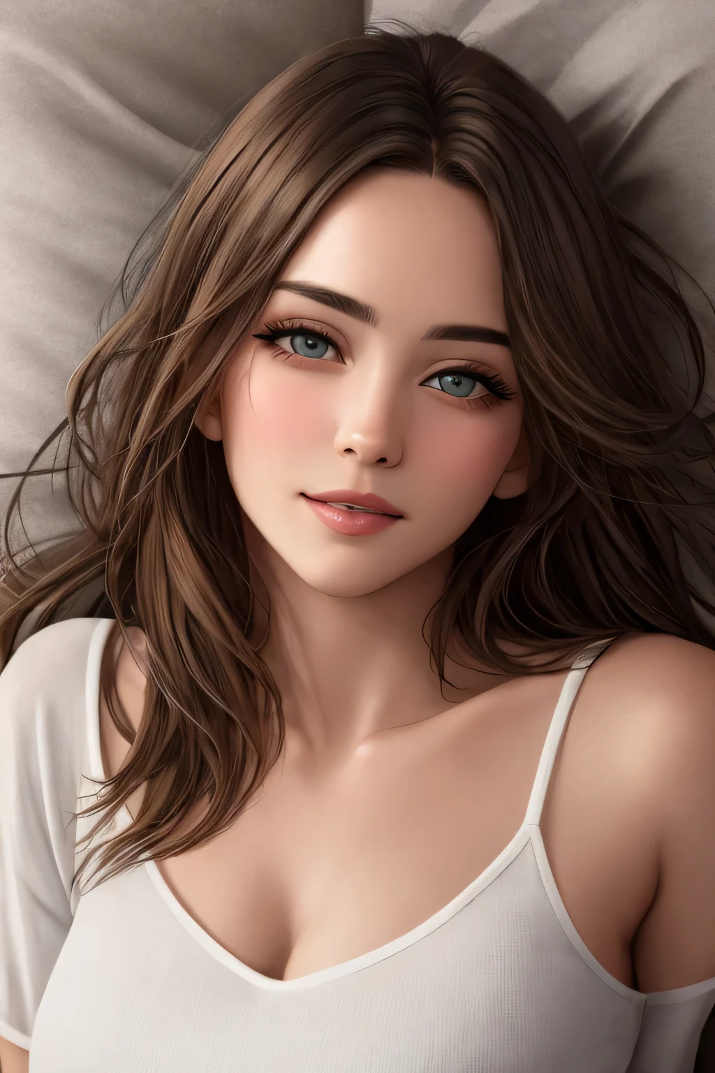 (best quality,4k,8k,highres,masterpiece:1.2),ultra-detailed,(realistic,photorealistic,photo-realistic:1.37),portraits,beautiful detailed eyes,beautiful detailed lips,extremely detailed eyes and face,long eyelashes,detailed olive green crop top and white cargo pants,sexy seductive gaze,soft parted lips,intense blushing with a smile,black luscious long straight hair,perfect body,medium chest with cleavage,resting on a bed with a pillow,viewer-facing perspective,harmonious lighting,colorful and vibrant tones.