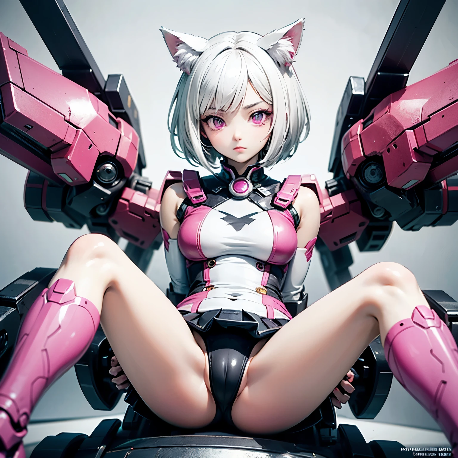 ((best quality)), ((masterpiece)), (detailed), perfect face. White hair. Short hair. Anime girl. Pink eyes. Nekomimi. Mecha. Spread legs.