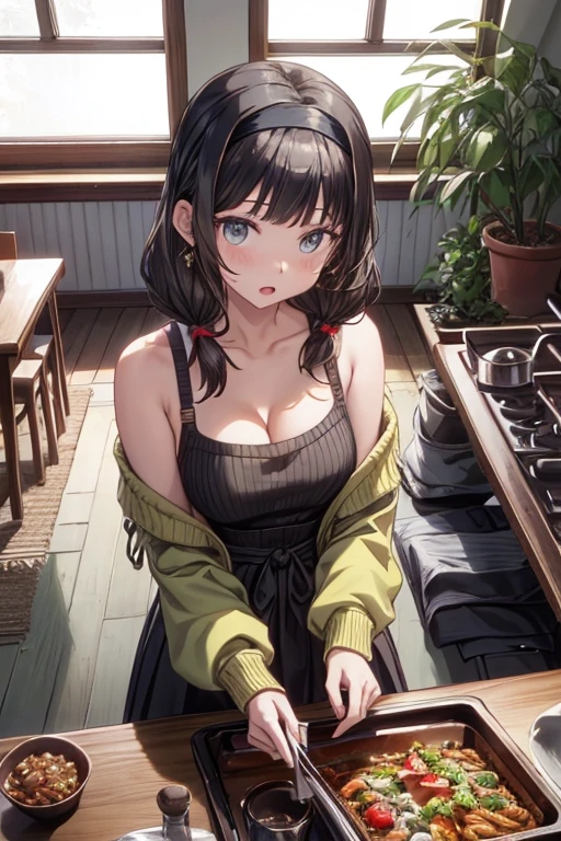 (from above:1.0),(from side:0.9),masterpiece, 1girl, Amazing Cleavage:1.1, thin waist, big ass, Raised sexy, small breast: 1.3, posed cleavage:1.2、solo, looking at viewer, open mouth, have a cute grass of cute beergrass,black hair, dark green eyes, dress, bare shoulders, jewelry, collarbone, sidelocks, hairband, earrings, indoors, off shoulder, :o, sweater, arms behind back, plant, short hair with long locks, gild hairband, off-shoulder dress, sweater dress, off-shoulder sweater, red sweater, dark gord hair, big side hair, very long side hair,is rendered in (masterpiece: 1.2, best quality), with (ultra high resolution) and an exquisite (depth of field). This masterpiece is not only visually stunning but also tells,A scene of cooking in the kitchen by classroom
