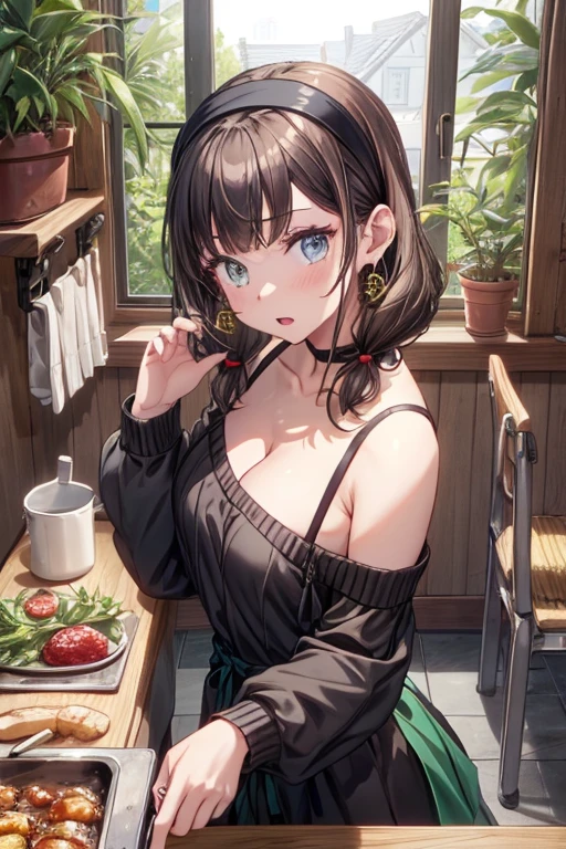 (from above:1.0),(from side:0.9),masterpiece, 1girl, Amazing Cleavage:1.1, thin waist, big ass, Raised sexy, small breast: 1.3, posed cleavage:1.2、solo, looking at viewer, open mouth, have a cute grass of cute beergrass,black hair, dark green eyes, dress, bare shoulders, jewelry, collarbone, sidelocks, hairband, earrings, indoors, off shoulder, :o, sweater, arms behind back, plant, short hair with long locks, gild hairband, off-shoulder dress, sweater dress, off-shoulder sweater, red sweater, dark gord hair, big side hair, very long side hair,is rendered in (masterpiece: 1.2, best quality), with (ultra high resolution) and an exquisite (depth of field). This masterpiece is not only visually stunning but also tells,A scene of cooking in the kitchen by classroom