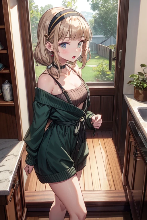 (from above:1.0),(from side:0.9),masterpiece, 1girl, Amazing Cleavage:1.1, thin waist, big ass, Raised sexy, small breast: 1.3, posed cleavage:1.2、solo, looking at viewer, open mouth, have a cute grass of cute beergrass,black hair, dark green eyes, dress, bare shoulders, jewelry, collarbone, sidelocks, hairband, earrings, indoors, off shoulder, :o, sweater, arms behind back, plant, short hair with long locks, gild hairband, off-shoulder dress, sweater dress, off-shoulder sweater, red sweater, dark gord hair, big side hair, very long side hair,is rendered in (masterpiece: 1.2, best quality), with (ultra high resolution) and an exquisite (depth of field). This masterpiece is not only visually stunning but also tells,A scene of cooking in the kitchen by classroom
