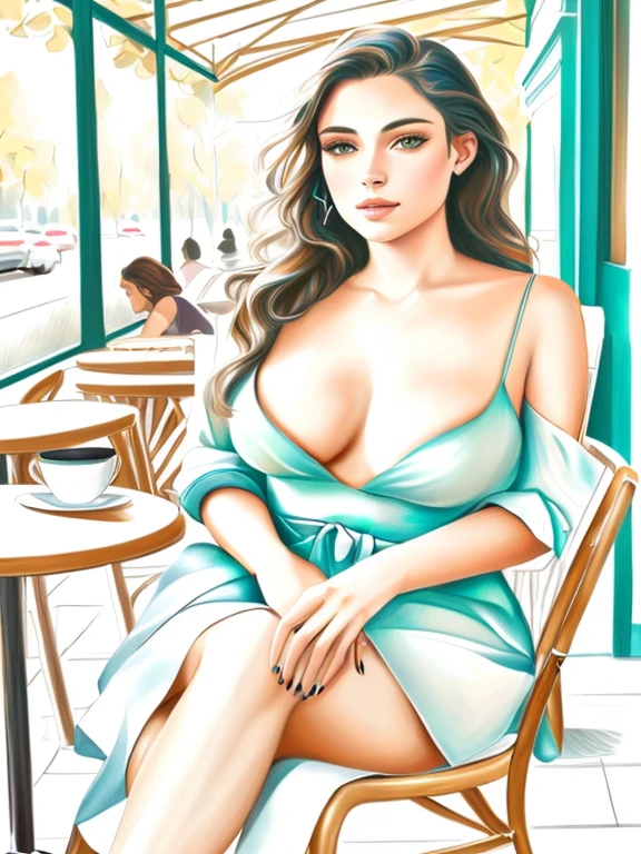 Realistic Drawing, 8k, painting of a woman sitting on a chair in a cafe, in the style of Digital Painting, sensual digital painting, digital art of an elegant man, #1 digital painting of all time, #1 digital painting of all time , digital airbrush oil painting, in stunning digital painting, elegant digital painting, fully clothed. sexy painting, digital art picture, digital oil painting