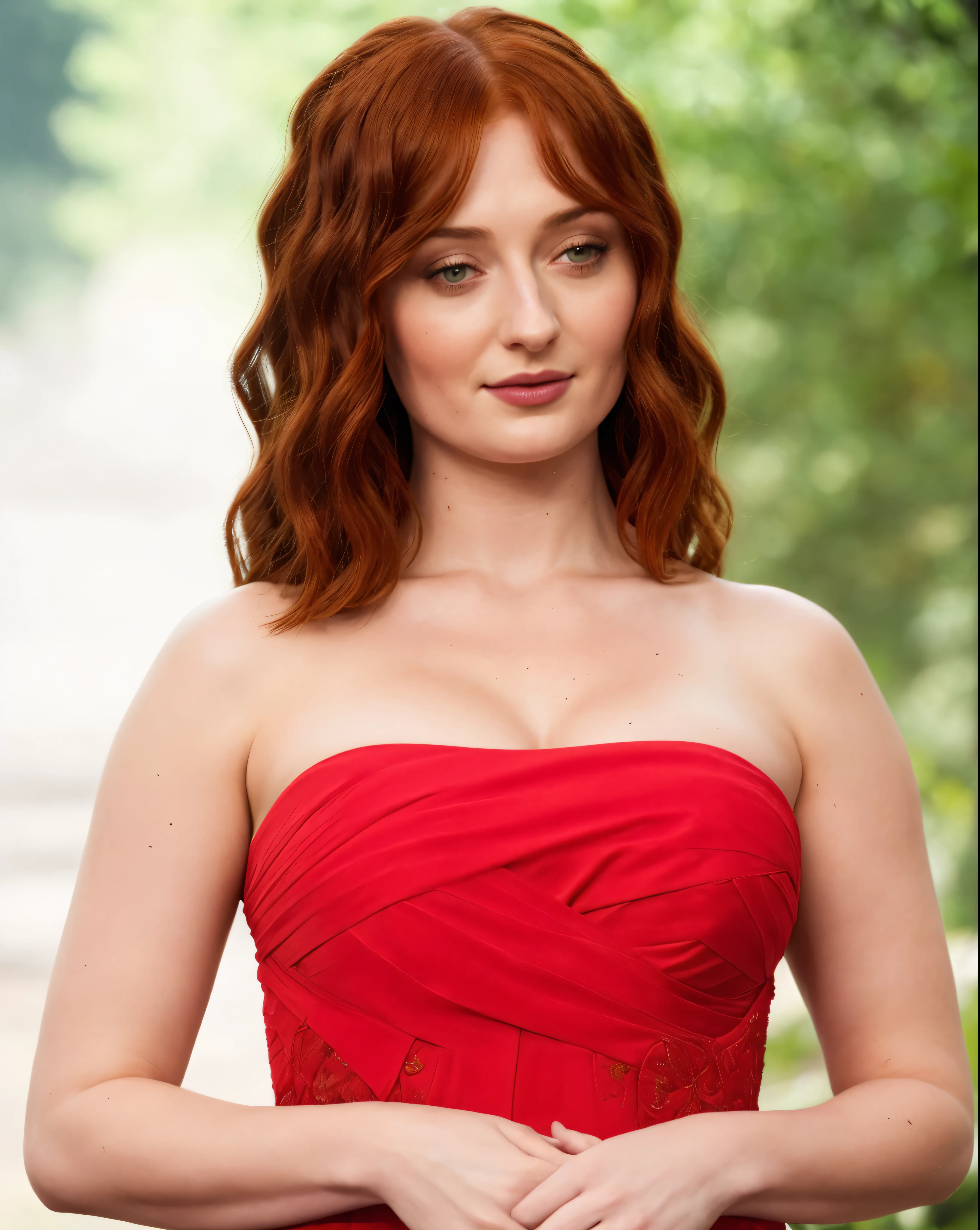 Face of Sophie Turner, Sansa Stark played by Sophie Turner, the de facto Lady of the Eyrie, is a 40-year-old mature queen with a stunning, alluring appearance. Full Face, pierced eyes, reddish lips, upper body shot, erotic Mediaeval costumes, game of thrones costumes, She wears a Game of Thrones-inspired costume and has a deep cleavage, a perfect thick body, and a perfect thick figure. The photograph captures her in a close-up, with her skin texture and facial features being ultra-realistic and realistic. Juicy thick figure, bulky figure, curvy, high quality skin, Skin pores, amazing details,