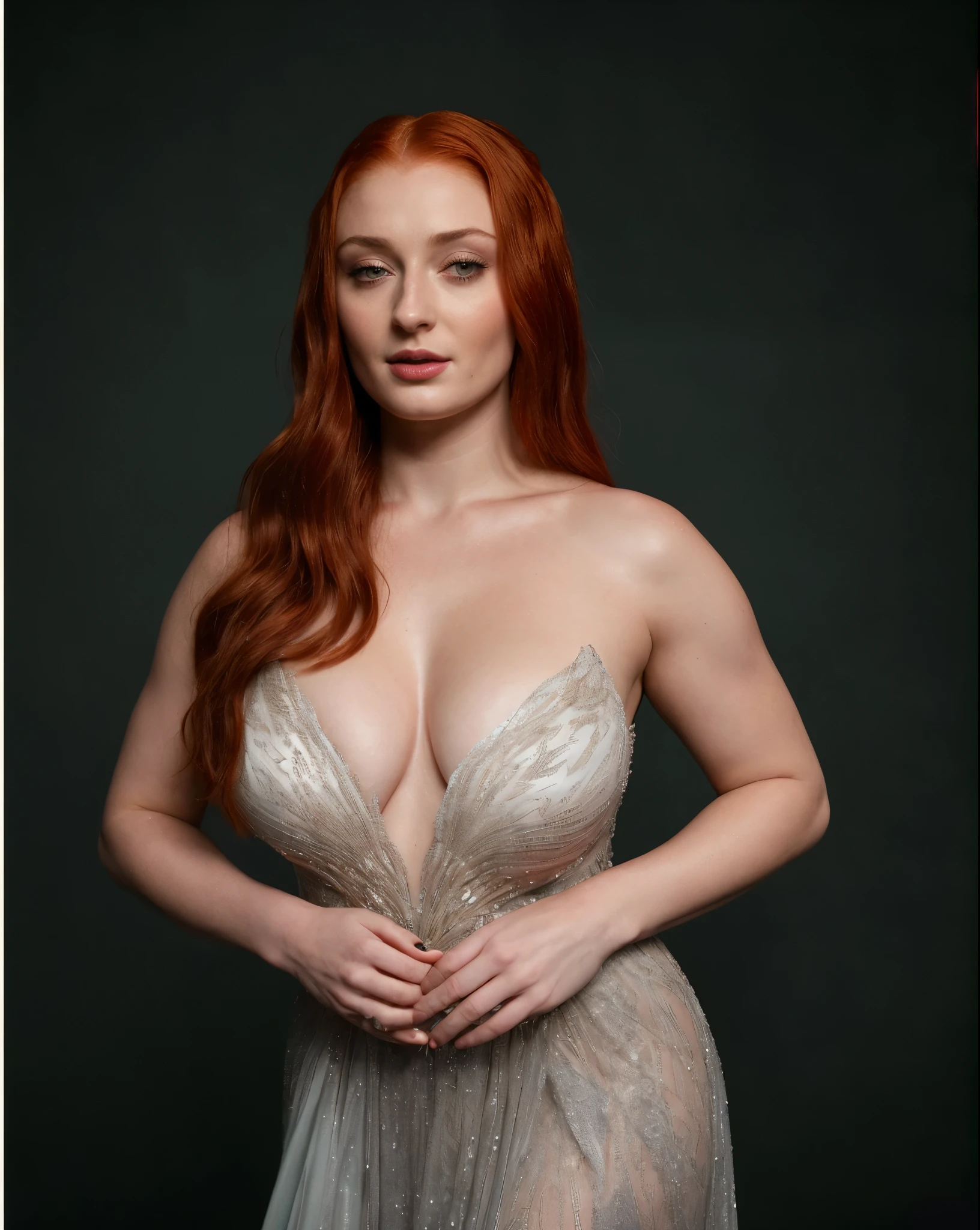 Face of Sophie Turner, Sansa Stark played by Sophie Turner, the de facto Lady of the Eyrie, is a 40-year-old mature queen with a stunning, alluring appearance. Full Face, pierced eyes, reddish lips, upper body shot, erotic Mediaeval costumes, game of thrones costumes, She wears a Game of Thrones-inspired costume and has a deep cleavage, a perfect thick body, and a perfect thick figure. The photograph captures her in a close-up, with her skin texture and facial features being ultra-realistic and realistic. Juicy thick figure, high quality skin, Skin pores, amazing details,