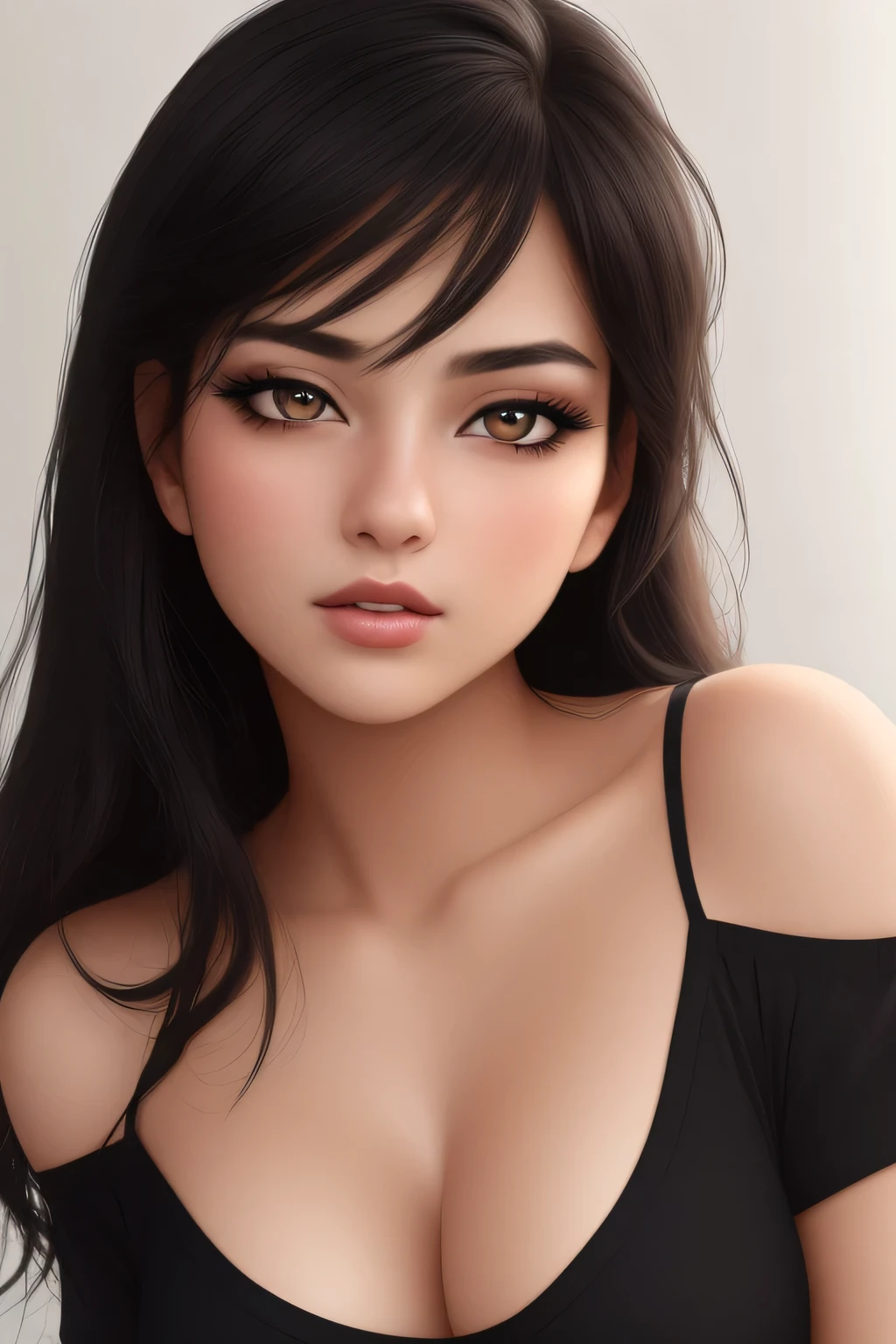 (best quality,4k,8k,highres,masterpiece:1.2),ultra-detailed,(realistic,photorealistic,photo-realistic:1.37),portraits,black hair,sexy woman, seductive eyes,intense gaze, parted mouth,deep blush,flustered,beautiful face,amazing makeup,off shoulder t shirt