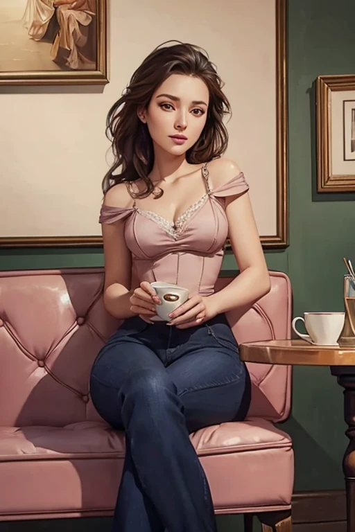 Realistic Drawing, 8k, painting of a woman sitting on a chair in a cafe, in the style of Digital Painting, sensual digital painting, digital art of an elegant man, #1 digital painting of all time, #1 digital painting of all time , digital airbrush oil painting, in stunning digital painting, elegant digital painting, fully clothed. sexy painting, digital art picture, digital oil painting