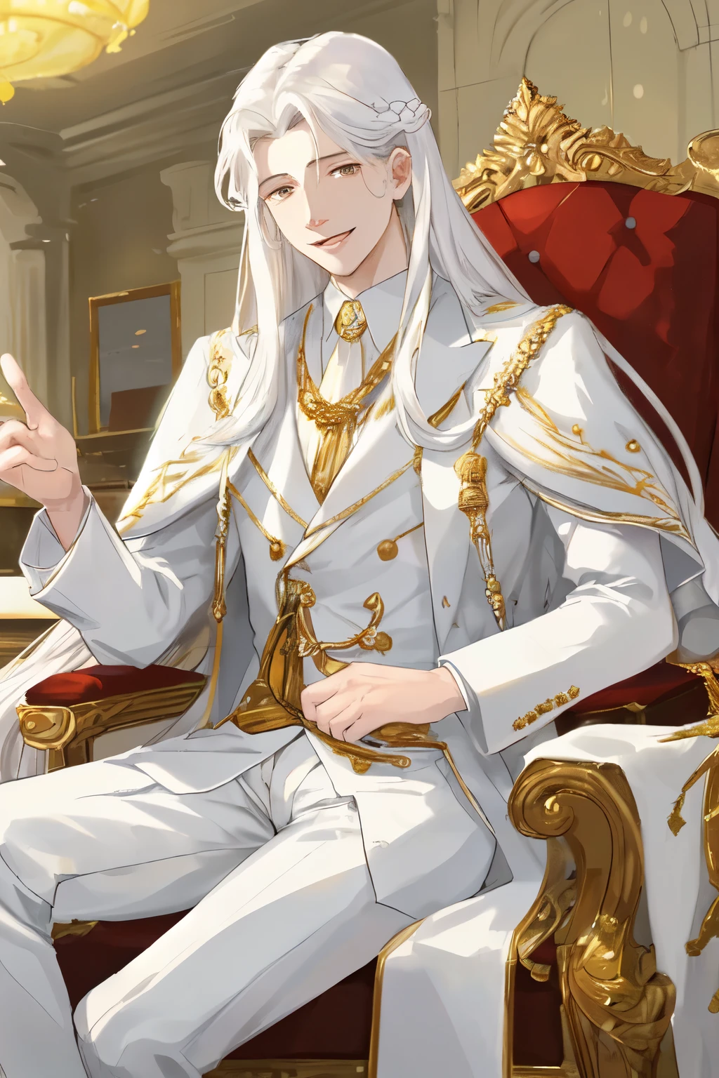 a king of a northern land, young, 20 years old, white long hair, white suit, smiling, well mannered, in his office,
