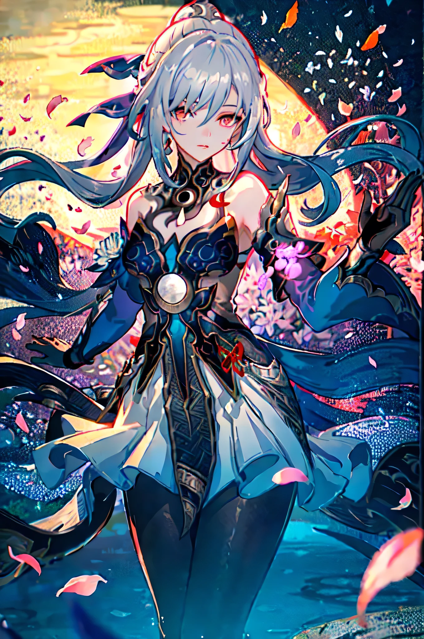1girl, jingliu \(honkai: star rail\), black gloves, blue dress, detached sleeves, hair ribbon, white skirt, pelvic curtain, halterneck, looking at viewer, parted lips, adjusting hair, petals, floating hair, cowboy shot, depth of field, garden, east asian architecture, Pantyhose