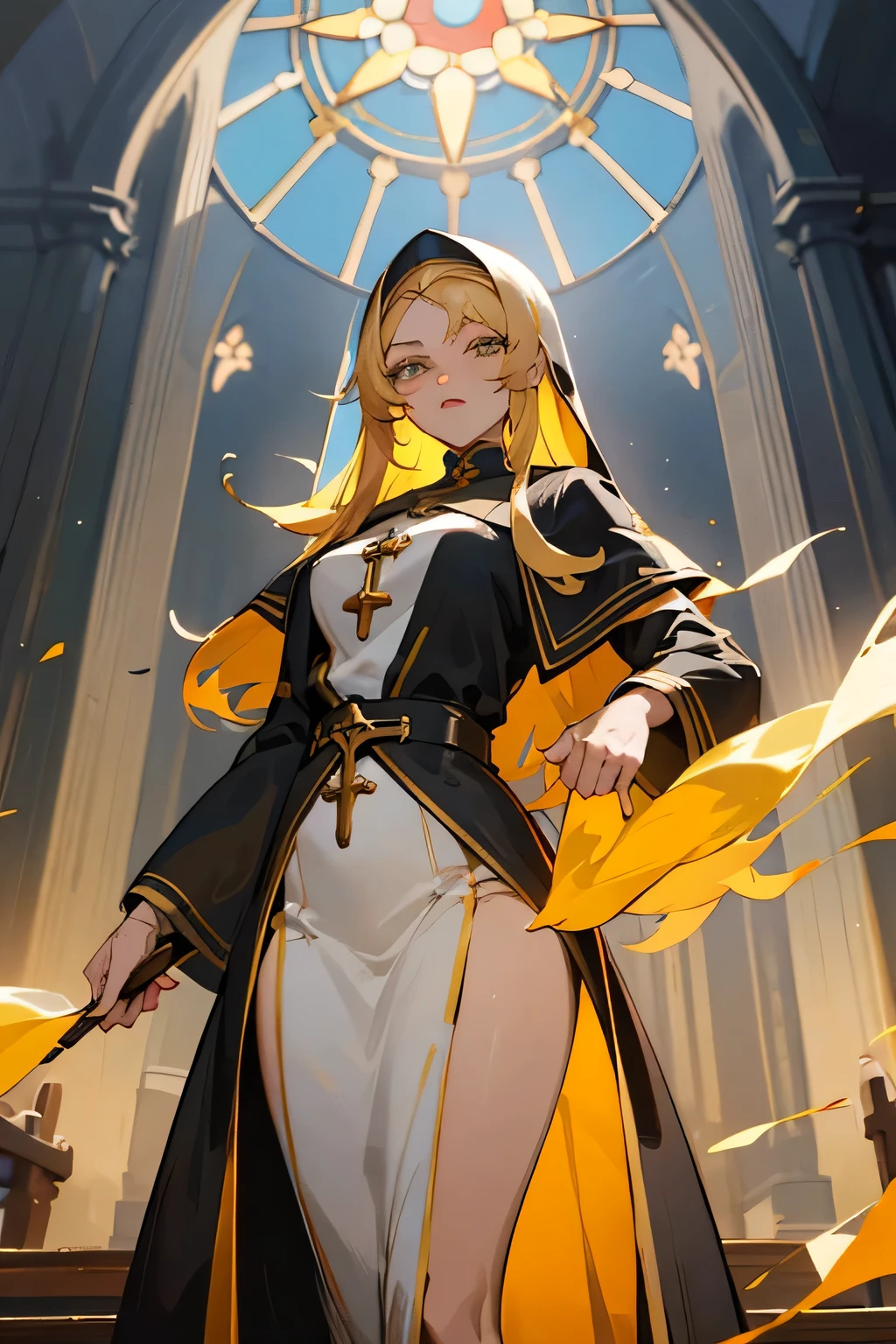 Personagem de anime feminina, cabelo dourado, She is a saint of the church and has an ecclesiastical appearance, she's hot, chamativa e atraente, your eyes are amber in color, her body is voluminous and she is imposing, olhar imponente. She is badass. Cabelo dourado